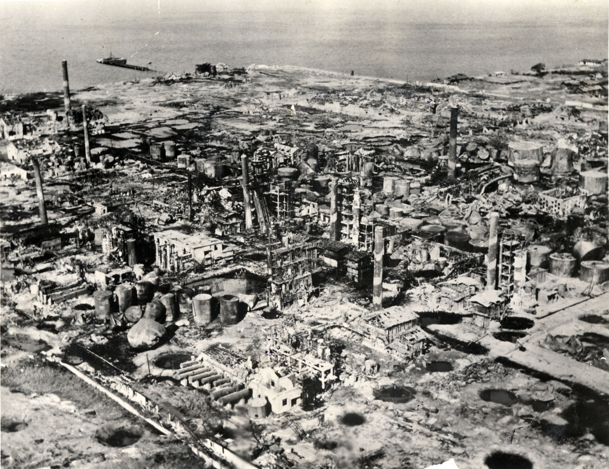 This post-strike photo of the Wonsan petroleum refinery shows 95 percent damage after B-29 bomber strikes in August 1950. (U.S. Air Force photo)