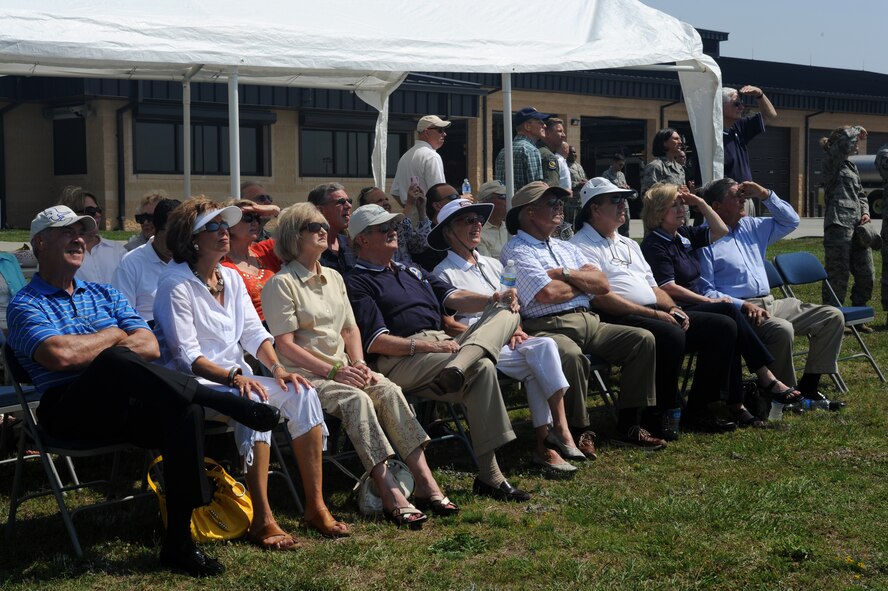 SEYMOUR JOHNSON AIR FORCE BASE, N.C. -- Members of the Air Force Civic Leader Alumni Group have their eyes to the sky for an F-15E Strike Eagle demonstration as part of a base tour here June 11, 2010. The group included retired Secretary of the Air Force Michael Wynne, retired Chief of Staff of the Air Force Gen. T. Michael Moseley, retired Air Combat Command commander Gen. John Corley and other distinguished civilians from across the United States. (U.S. Air Force photo/Staff Sgt. Heather Stanton)