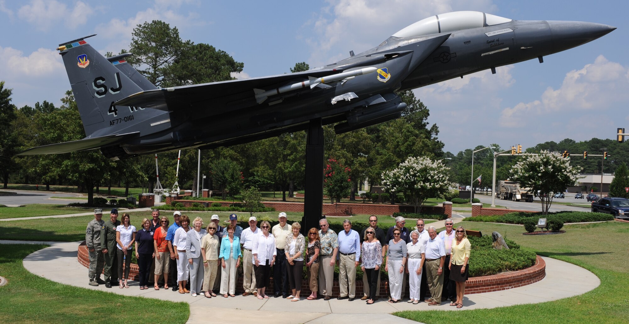 SEYMOUR JOHNSON AIR FORCE BASE, N.C. -- Members of the Air Force Civic Leader Alumni Group pose for a photo after a base tour here June 11, 2010. Distinguished civilians and former military members formed the group; they meet annually to share thoughts about current events and determine ways to assist Air Force members worldwide. (U.S. Air Force photo/1st Lt. Matt Schroff)