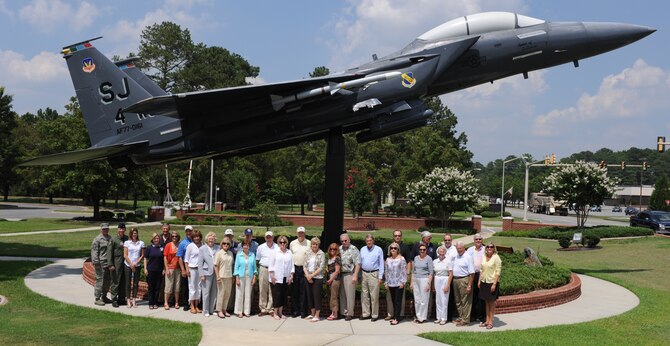 SEYMOUR JOHNSON AIR FORCE BASE, N.C. -- Members of the Air Force Civic Leader Alumni Group pose for a photo after a base tour here June 11, 2010. Distinguished civilians and former military members formed the group; they meet annually to share thoughts about current events and determine ways to assist Air Force members worldwide. (U.S. Air Force photo/1st Lt. Matt Schroff)