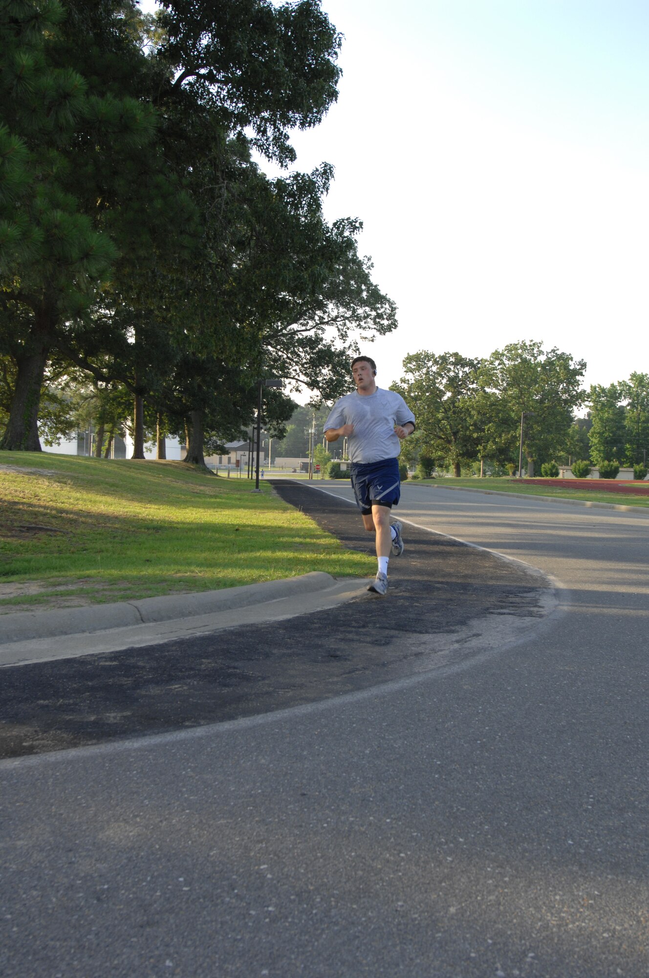 SEYMOUR JOHNSON AIR FORCE BASE, N.C. –  Capt. Timothy Hade races to cross the  Multicultural Day 2-mile run/walk finish line June 11, 2010. Captain Hade, 4th Comptroller Squadron deputy budget officer, was the second runner to complete the race. Captain Hade is a native of Franklin Lakes, N.J. (U.S. Air Force photo/Tech. Sgt. Tammie Moore)
