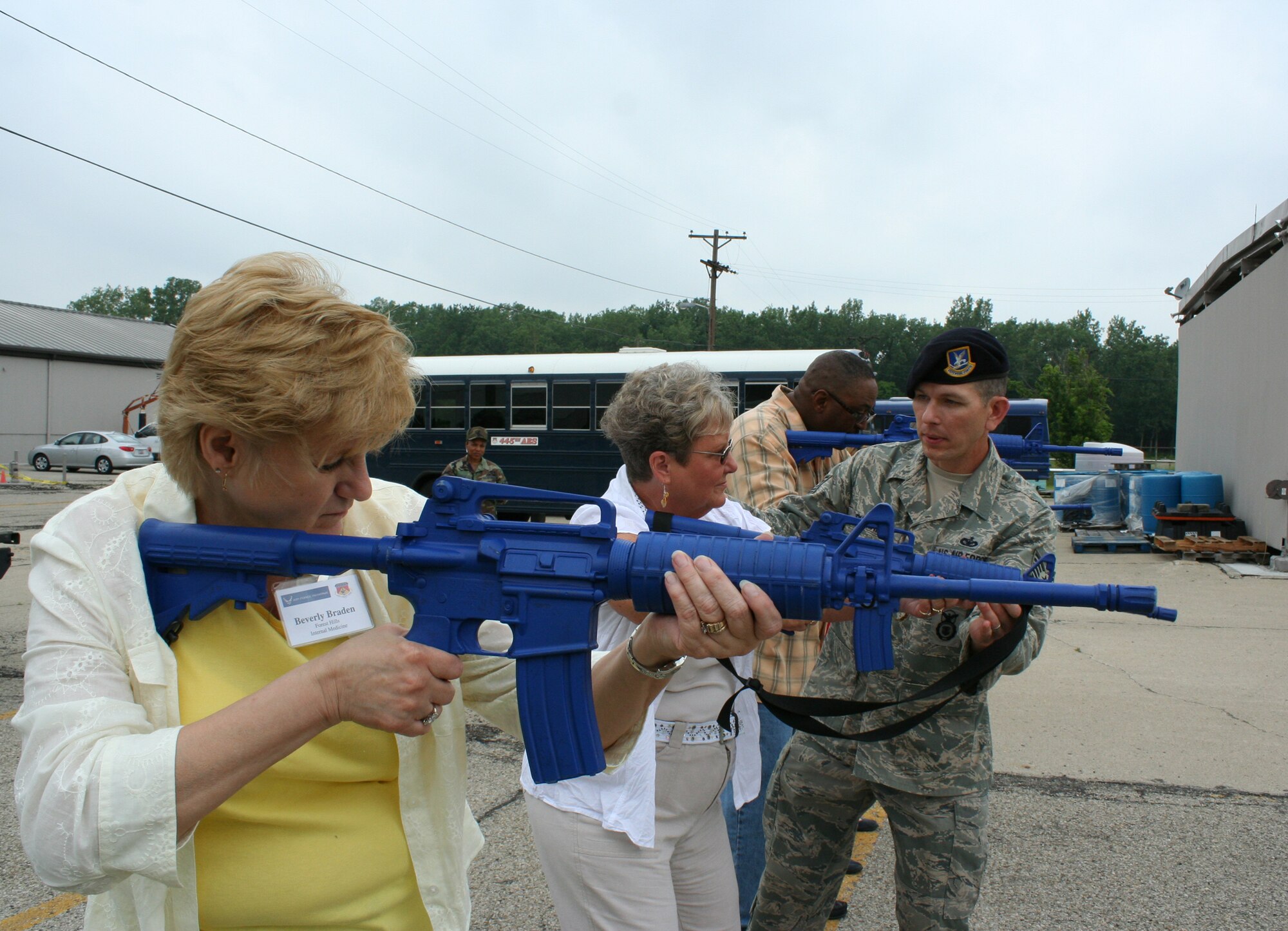 WRIGHT-PATTERSON AIR FORCE BASE, Ohio – Tech. Sgt. Steve Durham, 445th Security Forces Squadron, runs a security forces scenario with employers attending the 445th Airlift Wing Employer Appreciation Day June 5.  Forty three employers had the opportunity to spend the day at the wing to see exactly where their Air Force Reserve employees work and what they do on unit training assembly weekends. (U.S. Air Force photo/Tech. Sgt. Jeremy Caskey)

