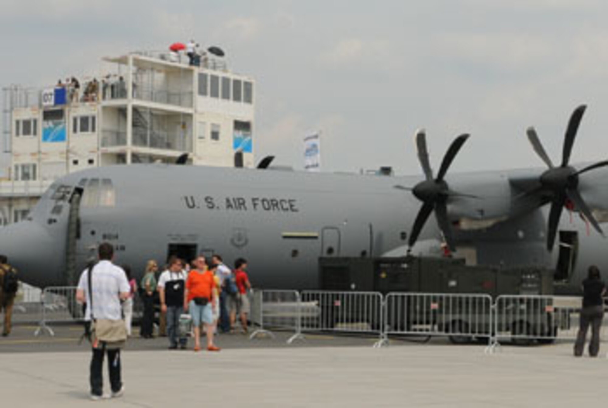 BERLIN, Germany — A C-130J Hercules from Ramstein Air Base, Germany, attracts visitors of the ILA 2010 Berlin International Aerospace Exhibition and Conferences June 10. The C-130 is one of Air Forceeâ's main attractions during the Berlin Air Show. (U.S. Air Force photo by Staff Sgt. Julius Delos Reyes)

