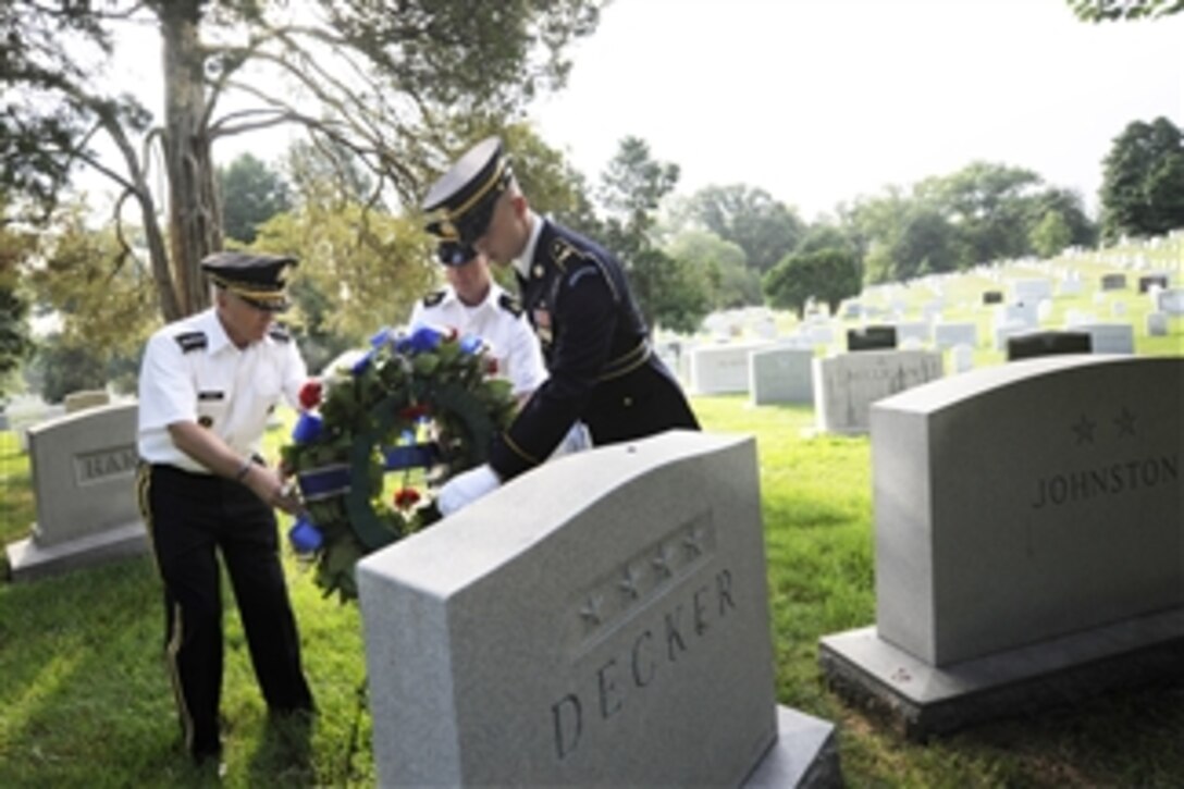 Army Chief of Staff Gen. George W. Casey Jr. and Sgt. Maj. of the Army Kenneth O. Preston lay a wreath at former Chief of Staff of the Army Gen. George H. Decker's gravesite on the morning of the Army's 235th Birthday at Arlington National Cemetery, Va., on June 14, 2010.  Decker was appointed Vice Chief of Staff of the Army in 1959 and on October 1, 1960 became Chief of Staff of the Army, serving in that capacity until September 30, 1962.  
