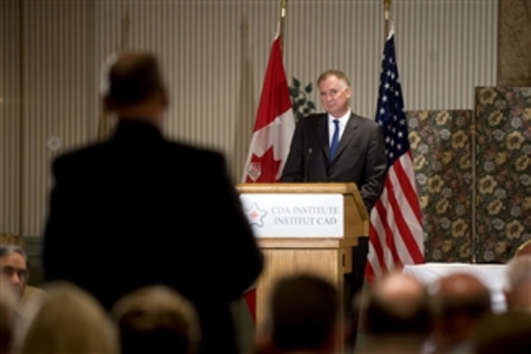 Deputy Secretary of Defense William J. Lynn III takes questions from audience members during the Conference of Defense Associations Institute at the Fairmont Chateau Laurier hotel in Ottawa, Canada, on June 14, 2010.  