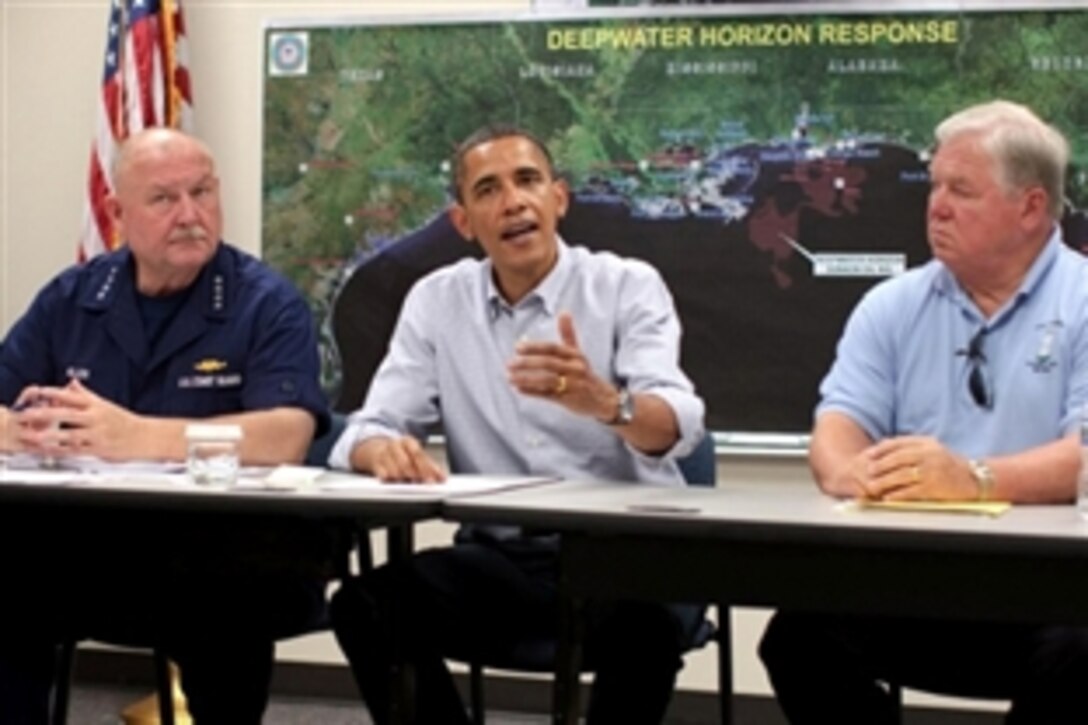 President Barack Obama, Coast Guard Adm. Thad Allen, national incident commander for the Gulf of Mexico oil spill, and Mississippi Gov. Haley Barbour meet to discuss recovery efforts for the BP Deepwater Horizon oil spill in Gulfport, Miss., June 14, 2010.