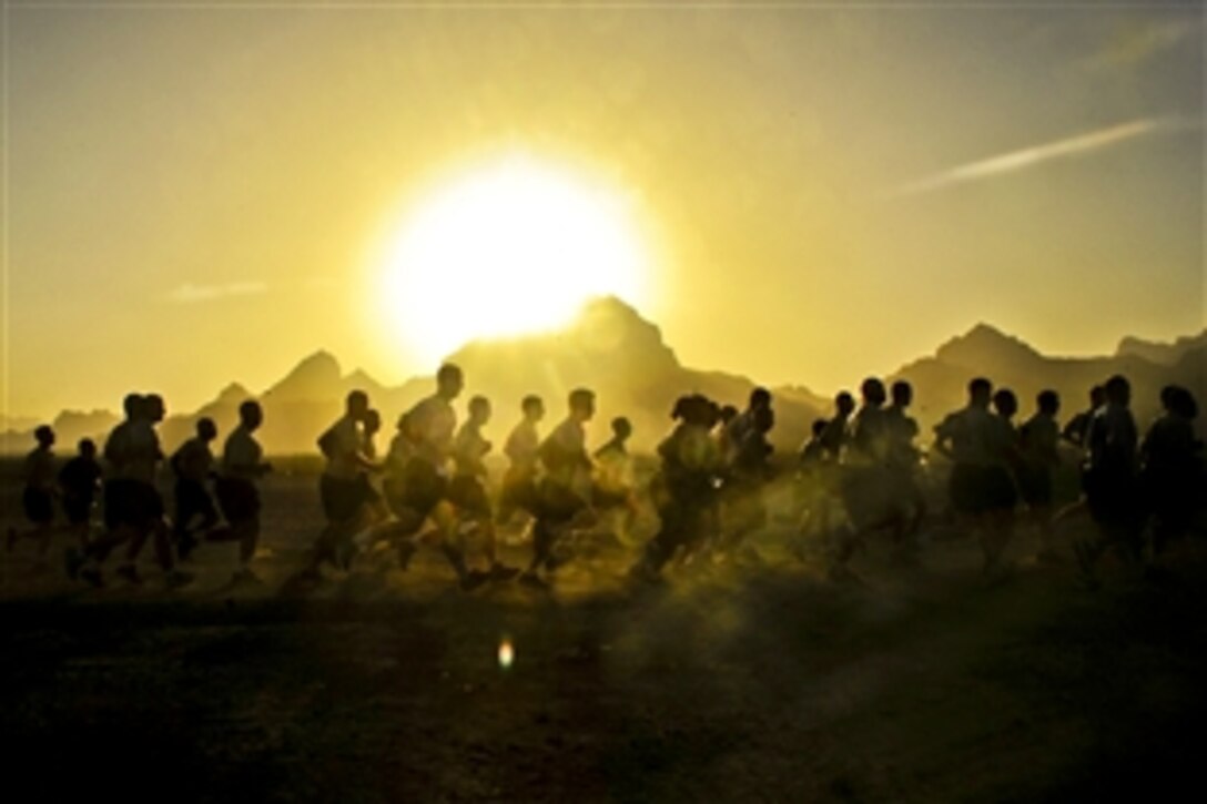 U.S. Army soldiers participate in a 2.35-mile run to celebrate the U.S. Army's 235th birthday on Forward Operating Base Farah, Afghanistan, June 14, 2010. The soldiers are assigned to the 82nd Airborne Division's Headquarters Troop, 4th Squadron, 73rd Cavalry Regiment, 4th Brigade Combat Team.