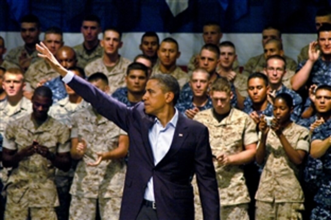 President Barack Obama addresses troops at the Naval Air Technical Training Center on Naval Air Station Pensacola, Fla., June 15, 2010. The president recognized the continued efforts of military leadership in the war on terror. 