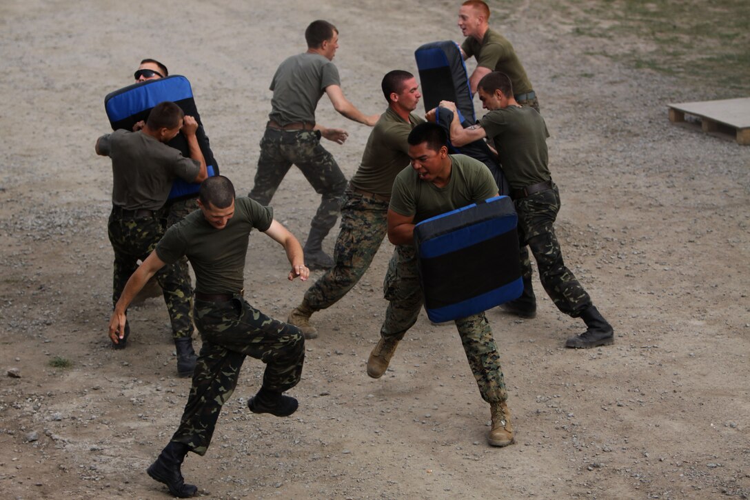 Ukrainian Army soldiers with the 30th Mechanized Infantry Brigade, attack Marines with 1st Tank Battalion’s scout platoon during a Marine Corps Martial Arts Program physical training exercise at Babadag Training Area, Romania, June 16. The PT was designed to incorporate the MCMAP skills they have learned throughout the week.