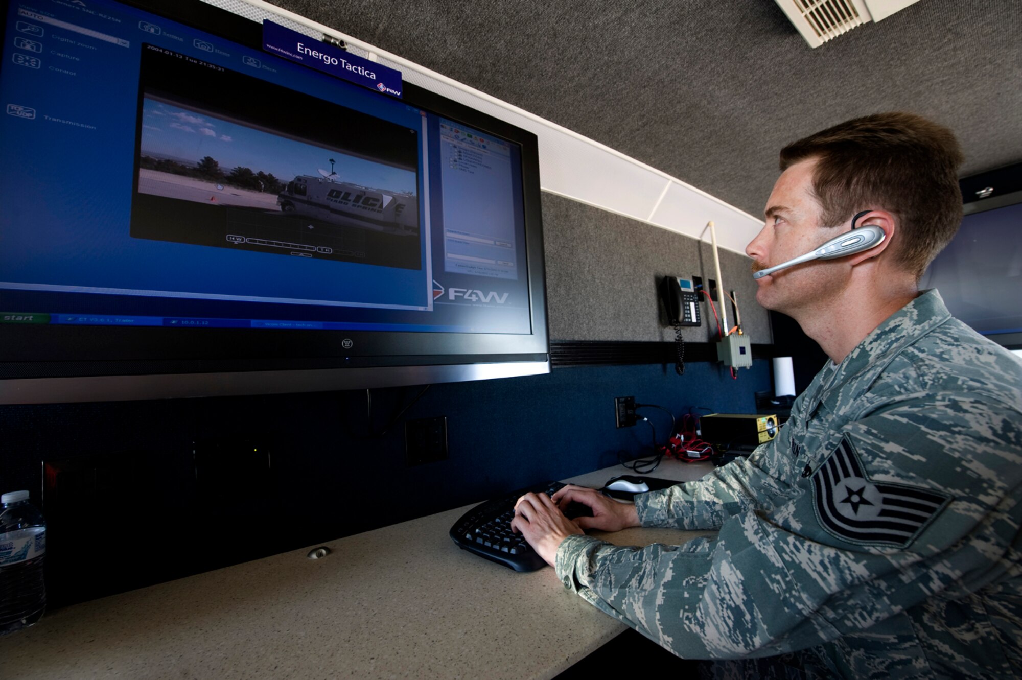 Tech. Sgt. Donald Green monitors communications during the Coalition Warrior Interoperability Demonstration June 16, 2010, in Colorado Springs, Colo. Green is a member of the Colorado National Guard and is the NCO in charge of communications operations for the Joint Forces Colorado in Centennial, Colo. (U.S. Air Force photo/Master Sgt. Jack Braden)