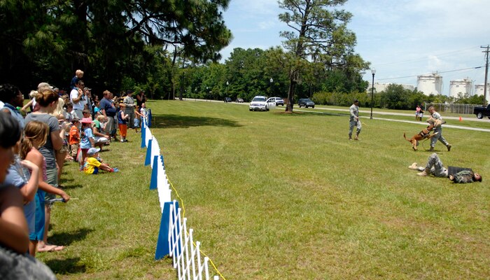 The 628th Security Forces Squadron K-9 section demonstrate how handlers use dogs to chase down and restrain suspects until the handler can regain control of the situation. The demonstration was initiated with a simulated firefight followed by the handler giving the command to the K-9 to take down the armed suspect. Military working dogs can have a bite force of up to 2,500 pounds per square inch of pressure when they take down a suspect. (U.S. Air Force photo/Senior Airman Timothy Taylor)