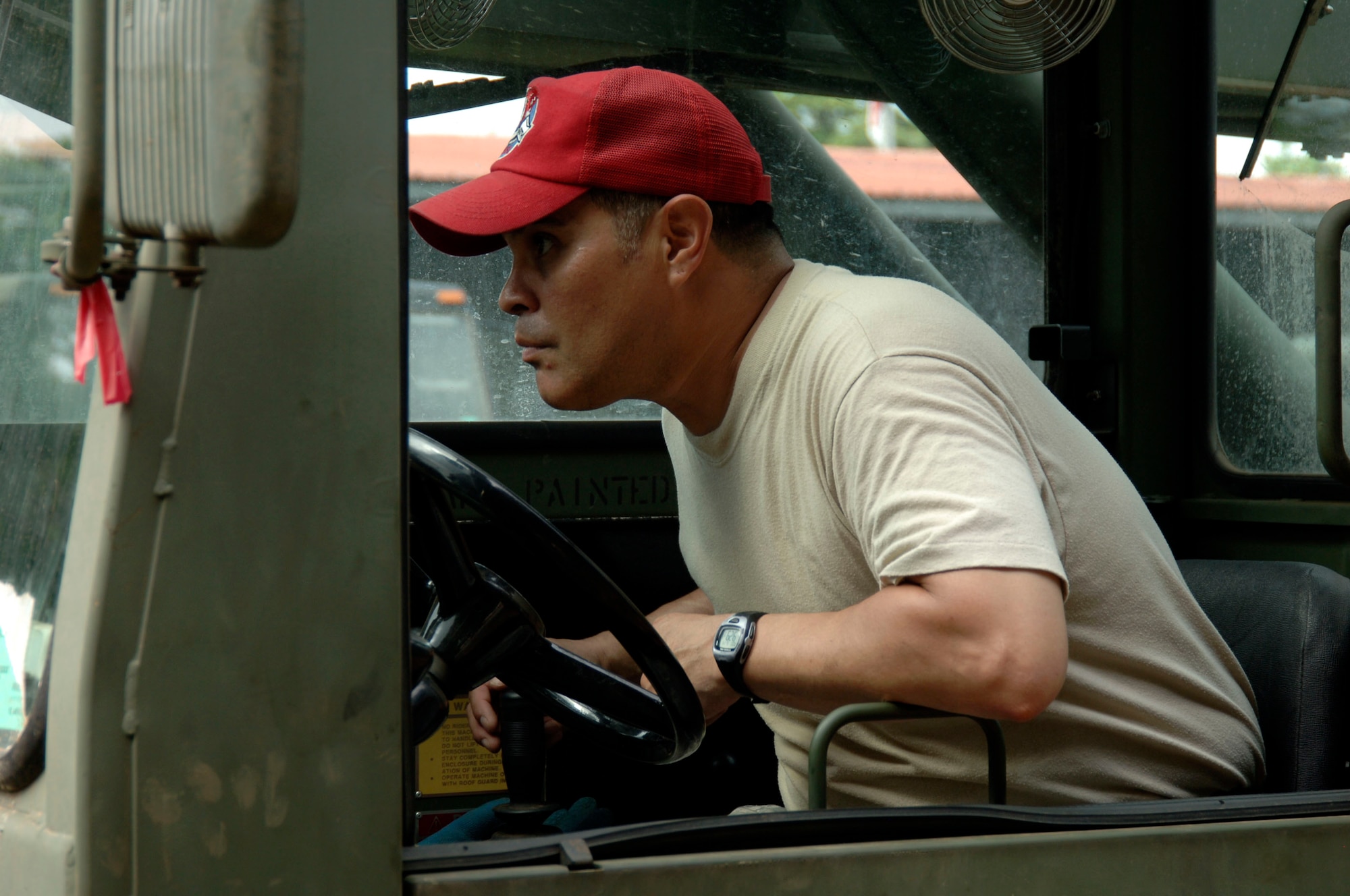 Master Sgt. Phil Villela, 820th RED HORSE Squadron, unloads a cargo container with a forklift at the temporary encampment that will house more than 250 Airmen, Soldiers, and Marines for New Horizons Panama 2010. (U.S. Air Force photo/Tech. Sgt. Eric Petosky)