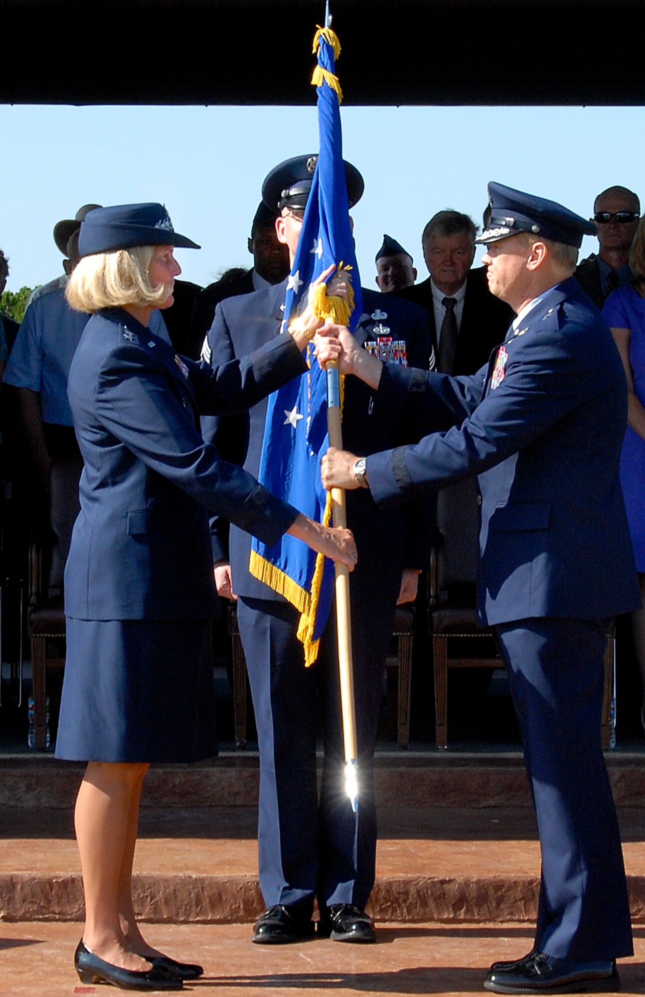 Brig. Gen. Darryl Burke (right) takes command of the 82nd Training Wing from Maj. Gen. Mary Hertog (left), 2nd Air Force commander, in a change-of-command ceremony at the Sheppard Air Force Base, Texas, parade grounds June 16, 2010.  General Burke set his straightforward goal for Team Sheppard as meeting the challenge of training 80,000 Airmen, Sailors, Soldiers and Marines to support today's challenging missions.  (U.S. Air Force photo/Mike Litteken)