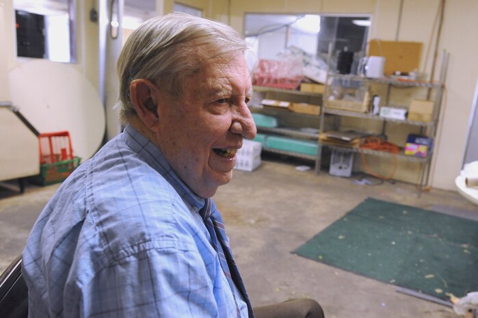 Billy Leonard talks about his experience during D-Day during an interview at his grocery store in downtown Charleston, S.C., June 9, 2010. D-Day was the Allied invasion of France on June 6, 1944. By nightfall more than 9,000 Allied Soldiers were dead or wounded, but more than 100,000 had made it ashore, securing French coastal villages. Mr. Leonard served as an Army private in the 505th Regiment with the 82nd Airborne Division. (U.S. Air Force photo/James M. Bowman)