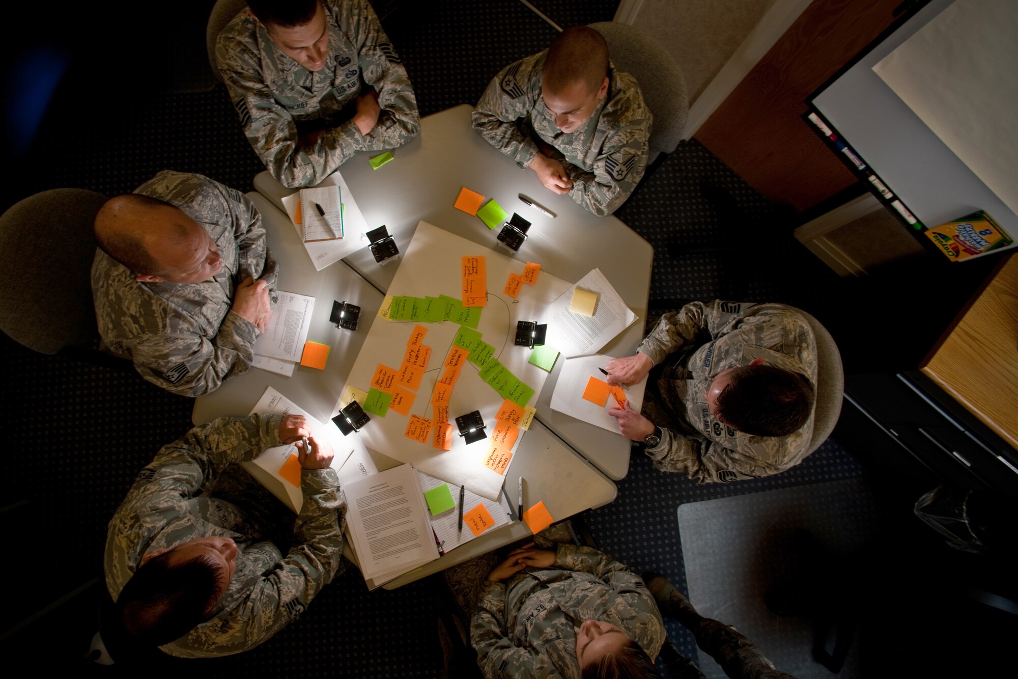 Airmen complete a hands-on scenario during an Air Force Smart Operations for the 21st Century course, titled "The 8-Step Problem Solving Method" June 9, 2010, at Royal Air Force Lakenheath, England. Nine courses have been held since August 2009 and are held monthly to train Airmen on a proper way to tackle difficult problems. (U.S. Air Force photo/Tech. Sgt. Nathan Gallahan)
