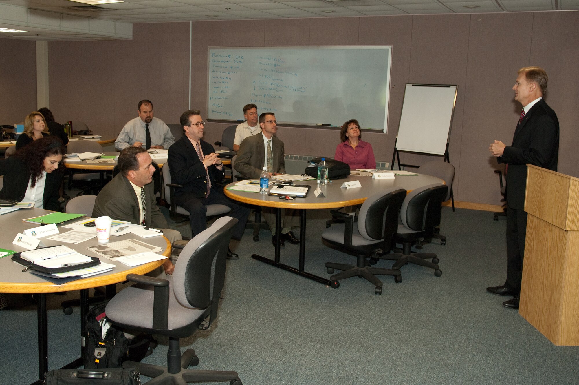 Steve Wert, program executive officer for Command and Control, Intelligence, Surveillance and Reconnaissance, speaks to new civilian hires before administering their oath of office June 7.  (U.S. Air Force photo by Rick Berry.)