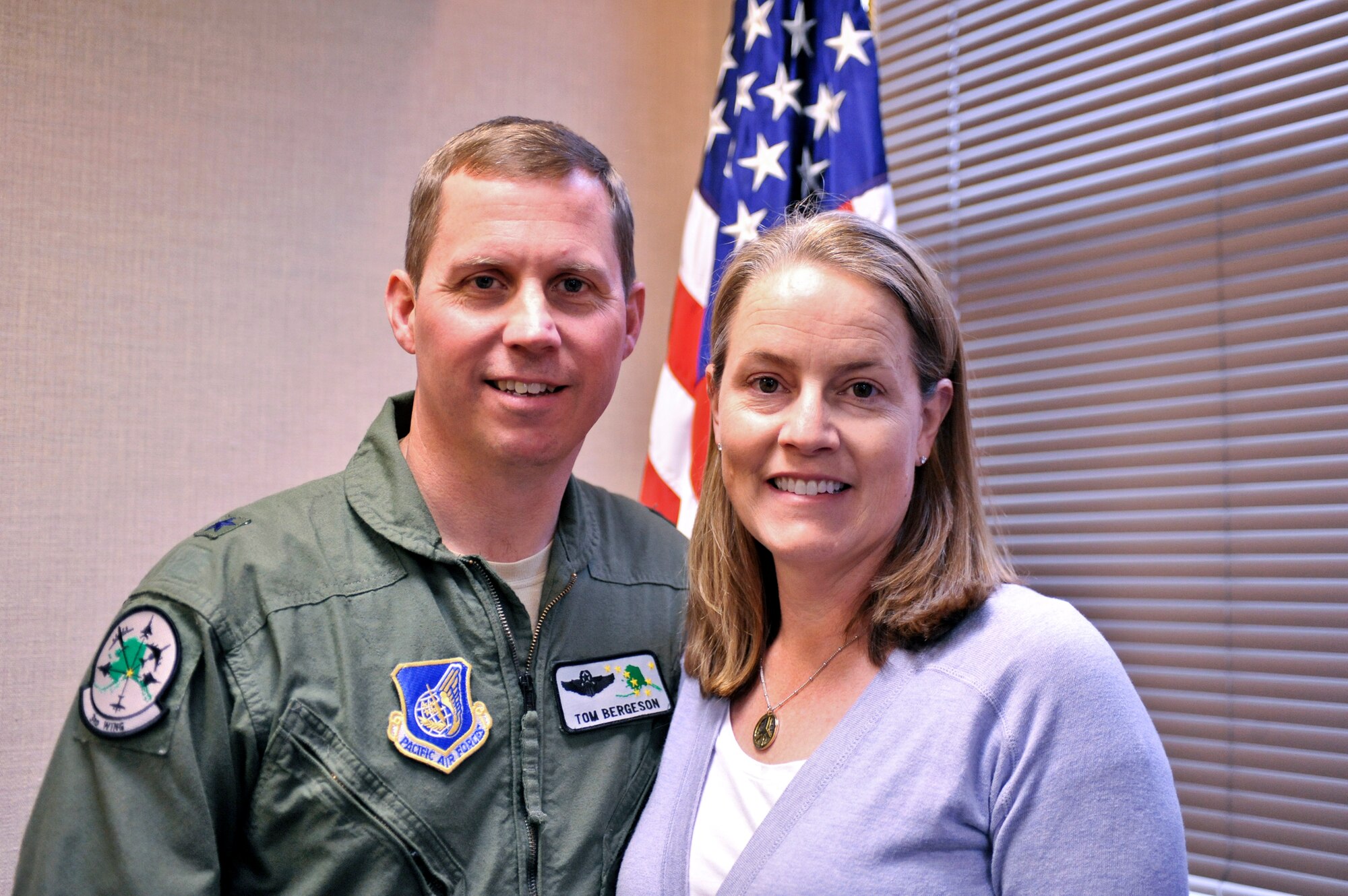 JOINT BASE ELMENDORF-RICHARDSON, Alaska -- It was recently announced that Brig. Gen. Thomas Bergeson, 3rd Wing commander, and his wife Pam Bergeson are the 2010 winners of the General and Mrs. Jerome F. O’Malley Award, which recognizes the best wing commander and spouse team whose contributions to the nation, Air Force and local community best exemplify the highest ideals and positive leadership of a military couple serving in a key Air Force position. (Air Force photo by Airman 1st Class Christopher Gross)