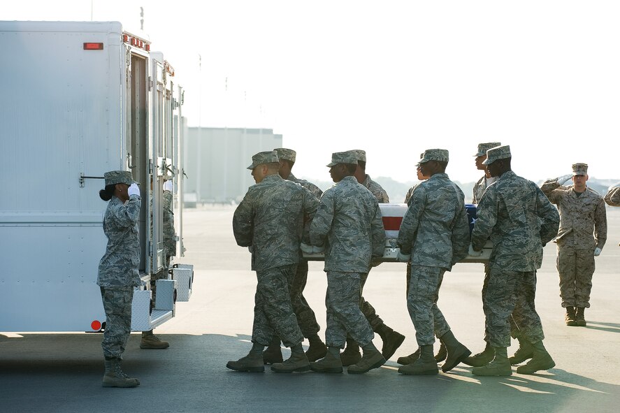 11 June 2010  USAF Photo by Jason Minto.  A U.S. Air Force carry team transfers the remains of Air Force 1Lt Joel C. Gentz of Chelsea, MI, at Dover Air Force Base, Del., June 11, 2010.  