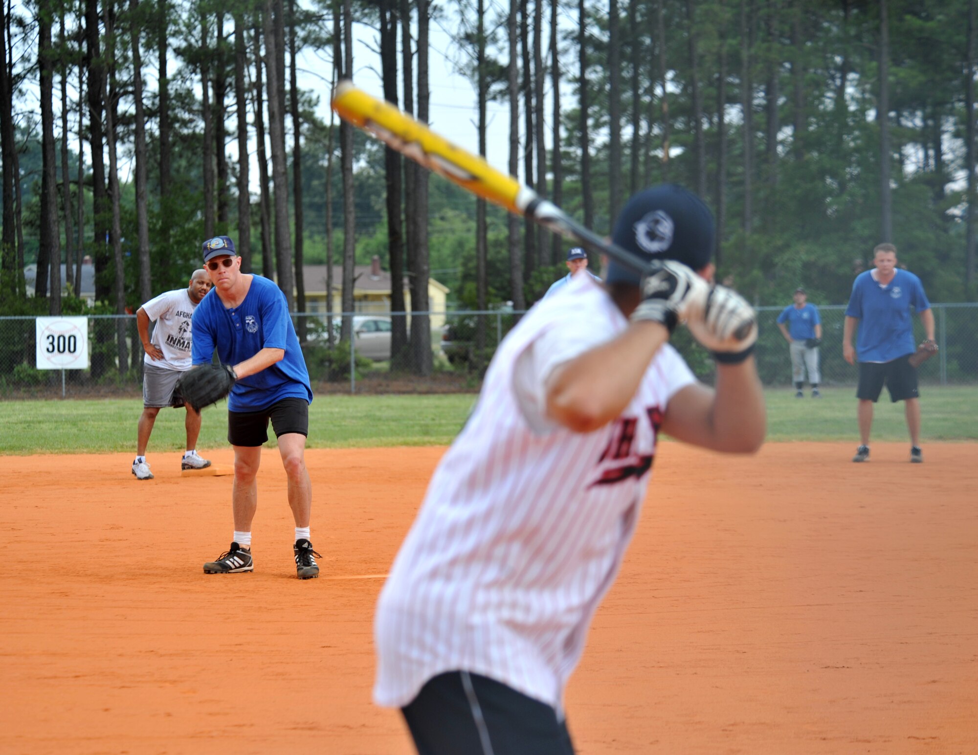 100615-F-4406D-028 SHAW AIR FORCE BASE, S.C.--   During the second inning, Maj. David McCoy of the United States Air Force Central gets ready to pitch the ball to Airman 1st Class Aaron Hanson of the 20th Security Forces squadron during a summer intramural softball game at the outdoor sports complex baseball field June 15, 2010. The USAFCENT won the game. Beginning in May, each softball team plays about 16 to 20 games during the softball season. (U.S. Air Force photo/ Airman 1st Class Tabatha L. Duarte)