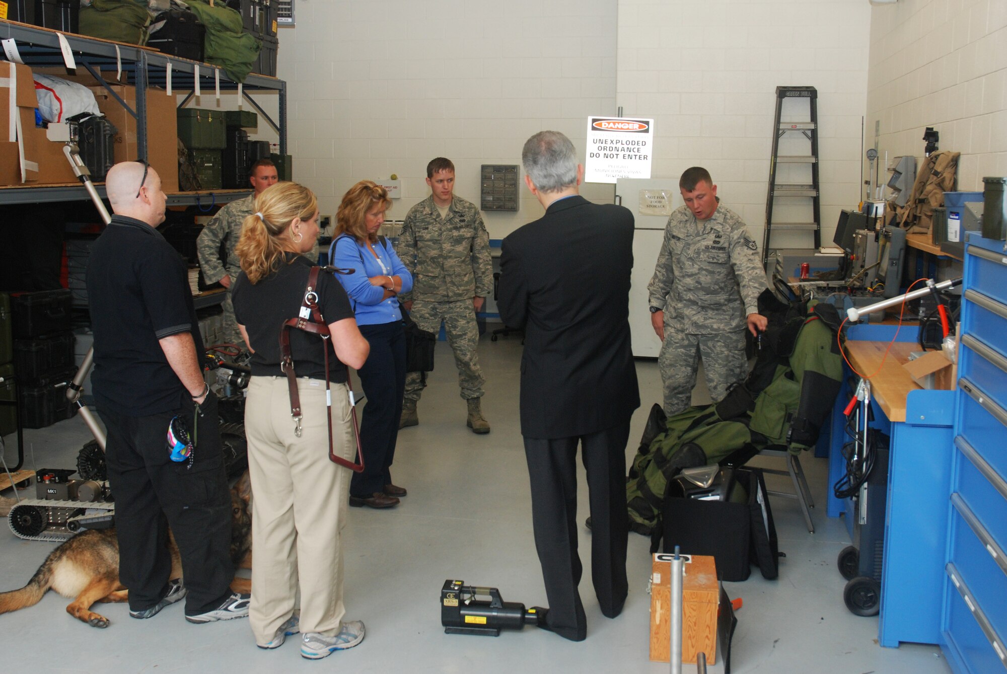 Tech. Sgt. Matt Slaydon, who was wounded by an IED in Iraq in 2007, paid a visit to the Westover explosive ordinance disposal team June 10.  Sergeant Slaydon, who lost his vision and his left arm in the blast, was in Conn. learning to work with his new guide dog when he came to tour Westover.