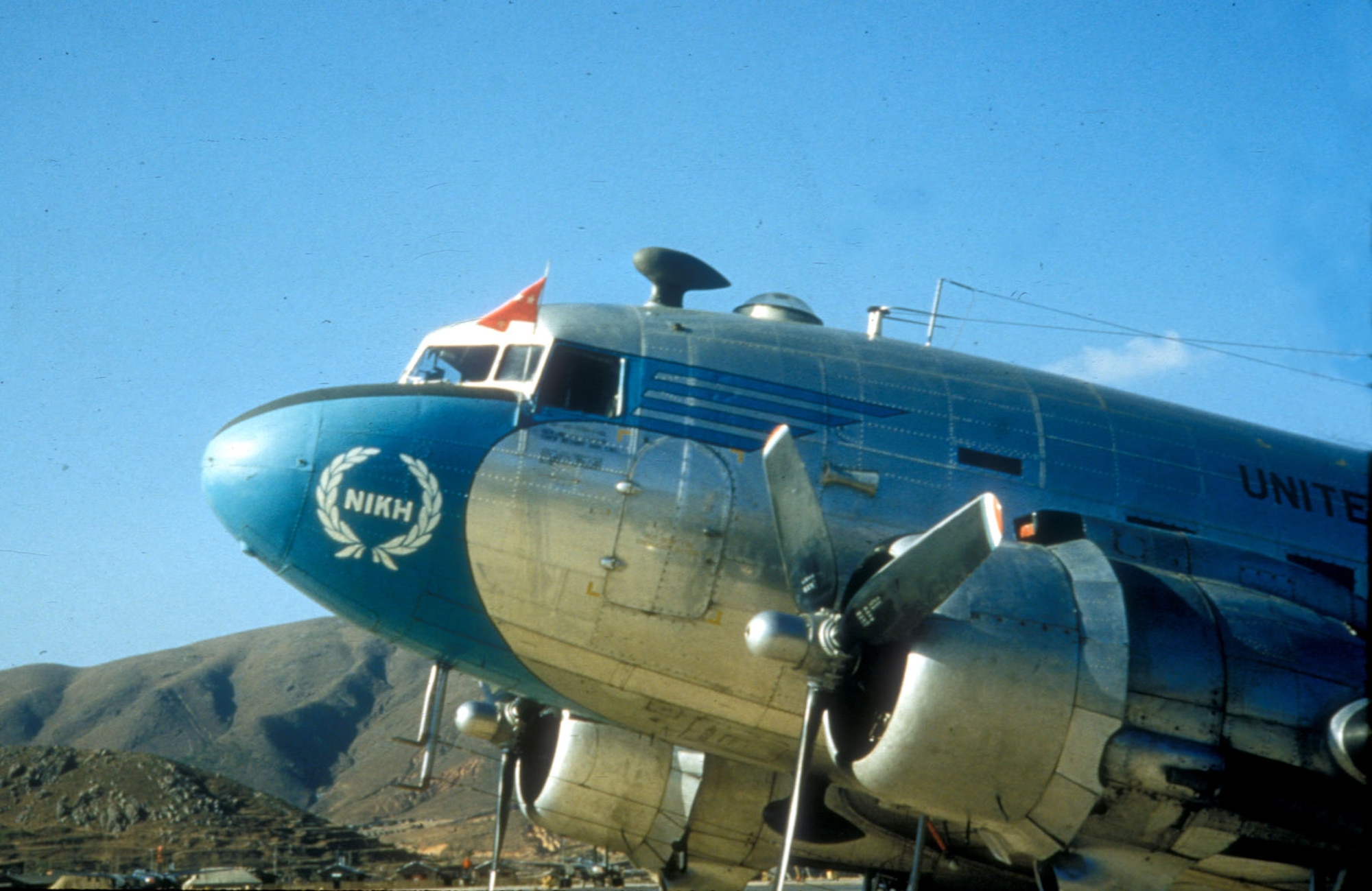 Nose of Gen. James Van Fleet's VC-47D, painted in UN blue. “NIKH” is the Greek word for victory. (U.S. Air Force photo)