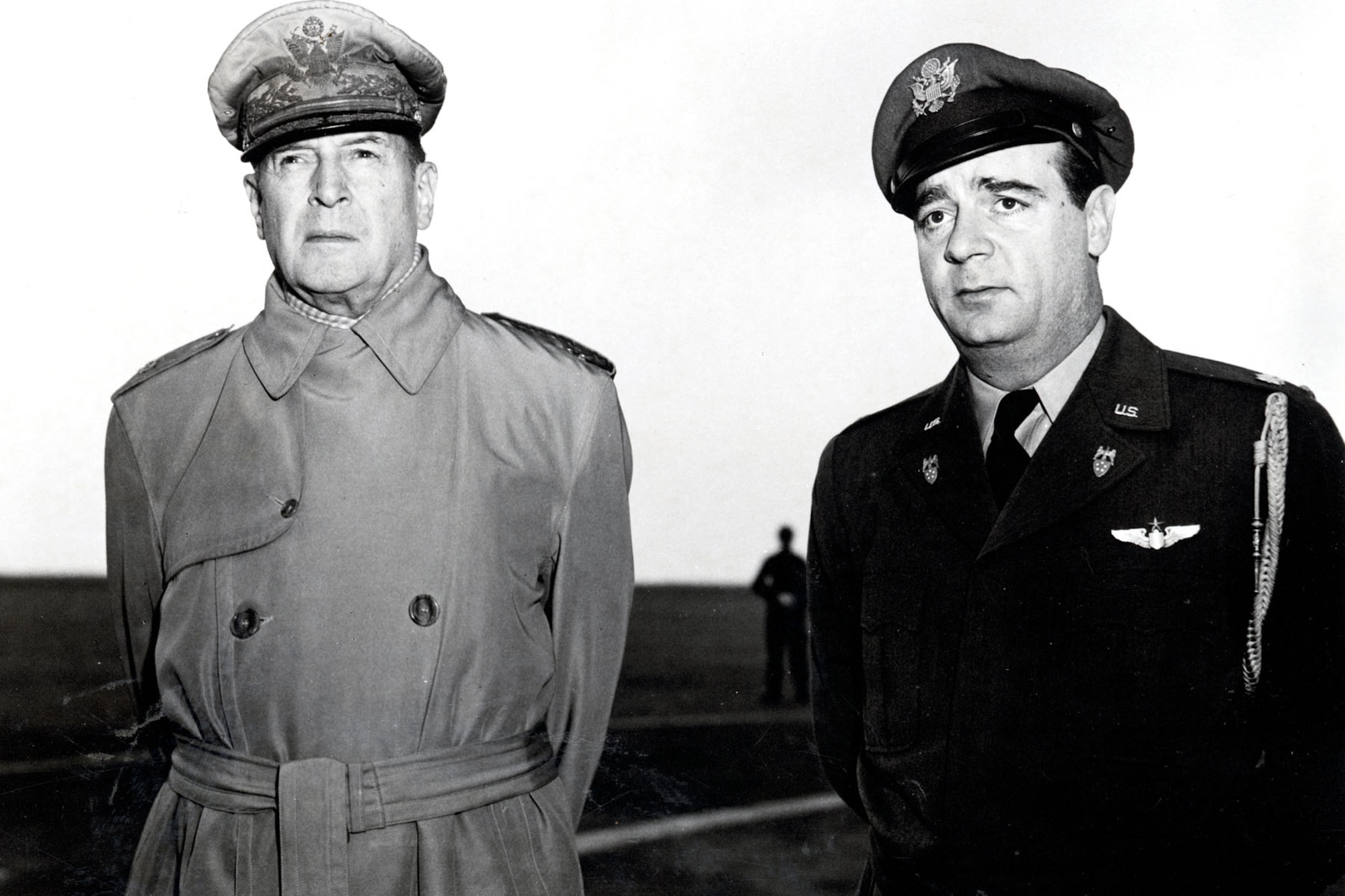 Gen. Douglas MacArthur, World War II hero and first UN commander in Korea, with his pilot, Lt. Col. Anthony Storey. Combat Cargo transported VIPs as well as supplies and troops. (U.S. Air Force photo)