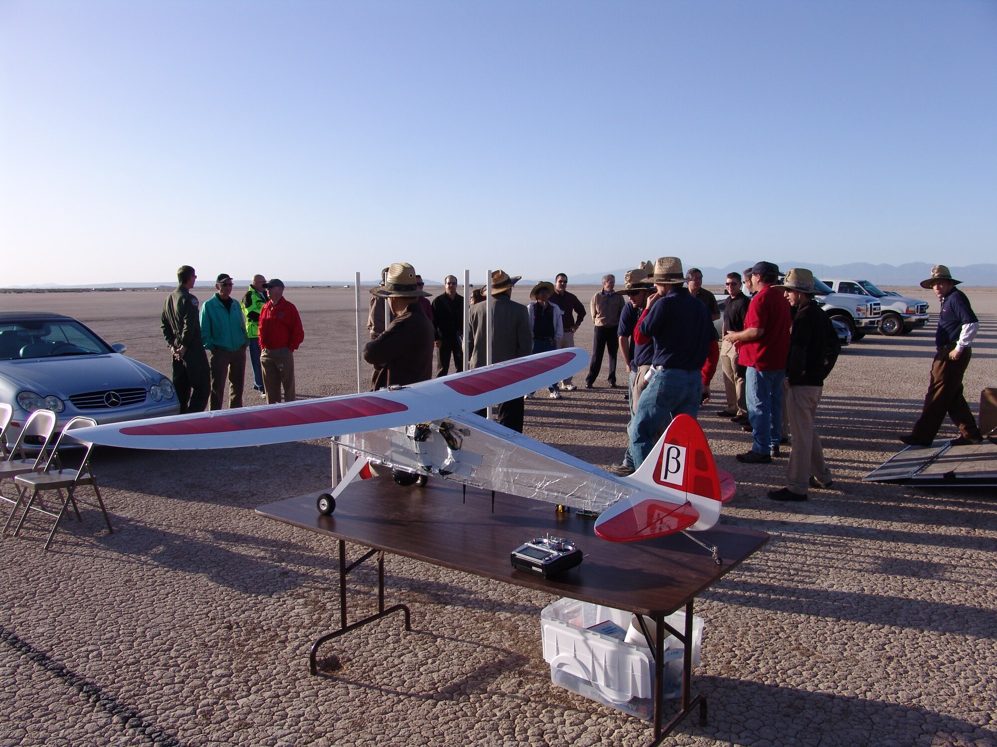 Fresno State University students visited Edwards June 11 to demonstrate and test their unmanned aerial vehicle project.  The students have been working with Air Force Flight Test Center engineers on the project.  AFFTC conducts programs like these to stimutlate interest in flight testing and engineering.  (Courtesy photo)
