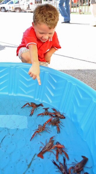 BARKSDALE AIR FORCE BASE, La. – Tyler Chamberlain, 4, points to the crawfish he will use during the children’s crawfish race June 11. Tyler’s crawfish won first place in his division during the race. Tyler is the son of Lt. Col. Ty Chamberlain, 20th Bomb Squadron commander. (U.S. Air Force photo by Senior Airman Alexandra M. Boutte) (RELEASED)