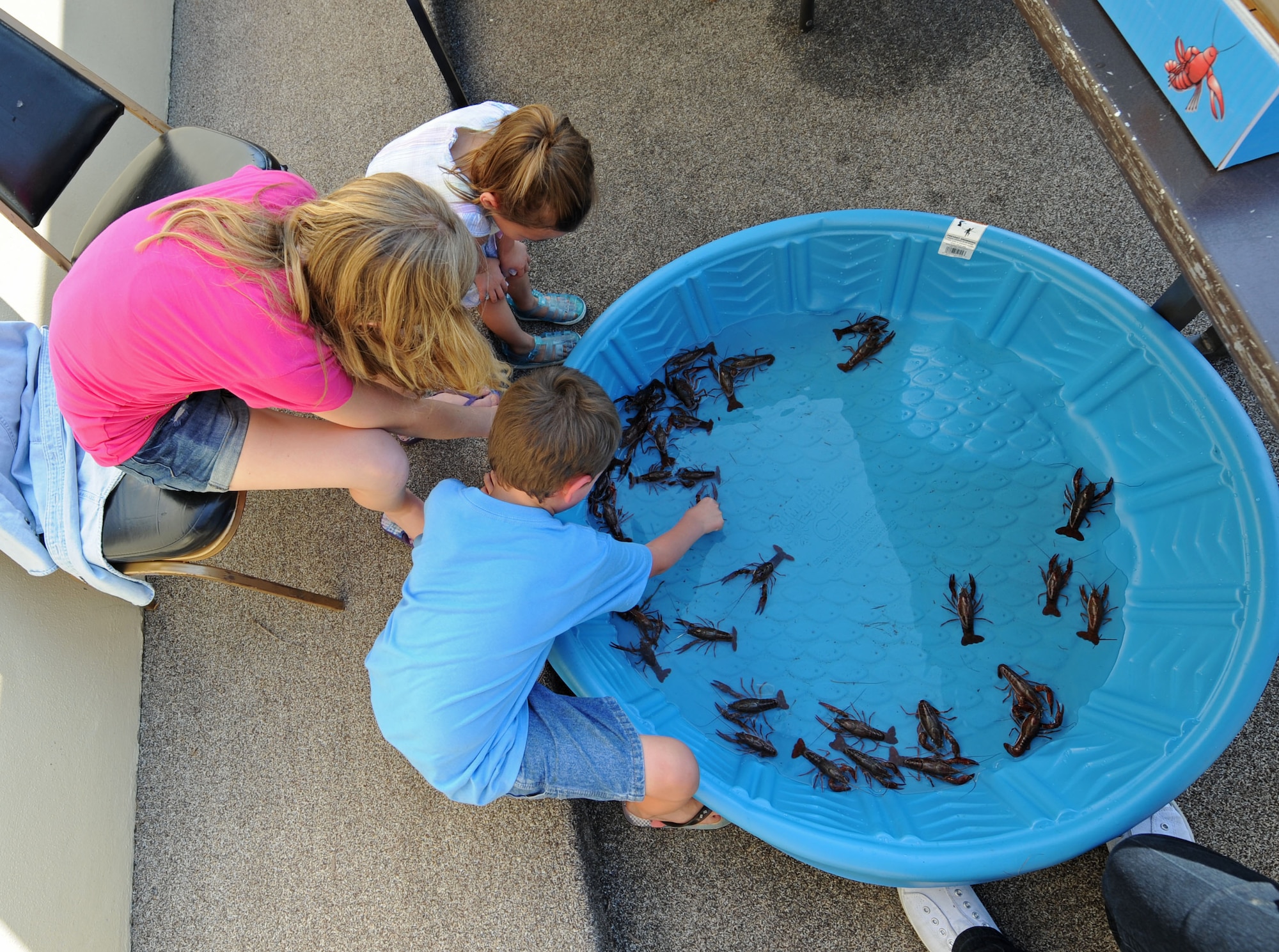 BARKSDALE AIR FORCE BASE, La. – Children lean in to pick the crawfish they want to use in the Kid’s Crawfish Race during the Barksdale Crawfish Festival, June 11. (U.S. Air Force photo by Senior Airman Alexandra M. Boutte) (RELEASED)
