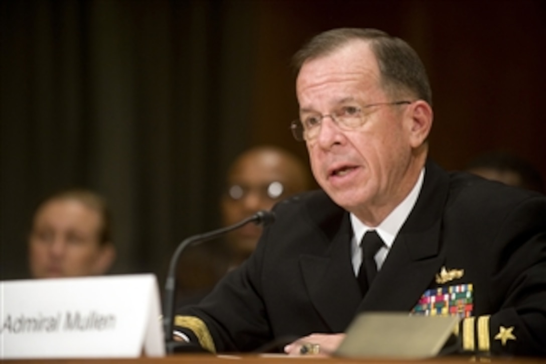 Chairman of the Joint Chiefs of Staff Adm. Michael Mullen testifies before the Senate Appropriations Committee with Secretary of Defense Robert M. Gates and Pentagon Comptroller Robert Hale in Washington, D.C., on June 16, 2010.  