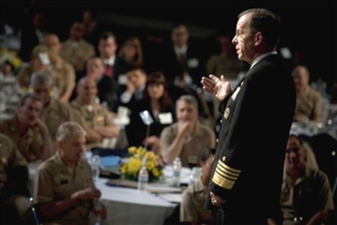 U.S. Navy Adm. Mike Mullen, chairman of the Joint Chiefs of Staff, addresses the 2010 Flag Officers/Senior Executive Service Symposium at the U.S. Naval Academy in Annapolis, Md., June 16, 2010. 