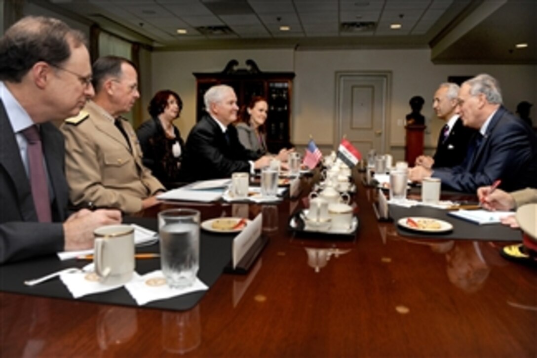 Secretary of Defense Robert M. Gates (4th from left) hosts a meeting in the Pentagon with Iraqi Minister of Defense Abdul Qader (right).  Assistant Secretary of Defense for International Security Affairs Ambassador Alexander Vershbow (left), Chairman of the Joint Chiefs of Staff Adm. Mike Mullen, Under Secretary of Defense for Policy Michele Flournoy (5th from left) and Ambassador to the United States Samir Shakir al-Sumaydi (2nd from right) also attended.  