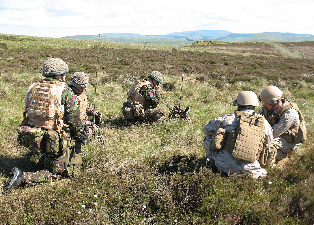 Marines from 2nd Air-Naval Gunfire Liaison Company, II Marine Expeditionary Force, and soldiers from 7th Parachute Regiment, Royal Horse Artillery of the British army call in indirect fire on a target, June 13, 2010, in Otterburn, United Kingdom. Seventeen Marines from 2nd ANGLICO trained in the English countryside alongside UK troops for two weeks during exercises Mountain Dragon and Pashton Sabre.