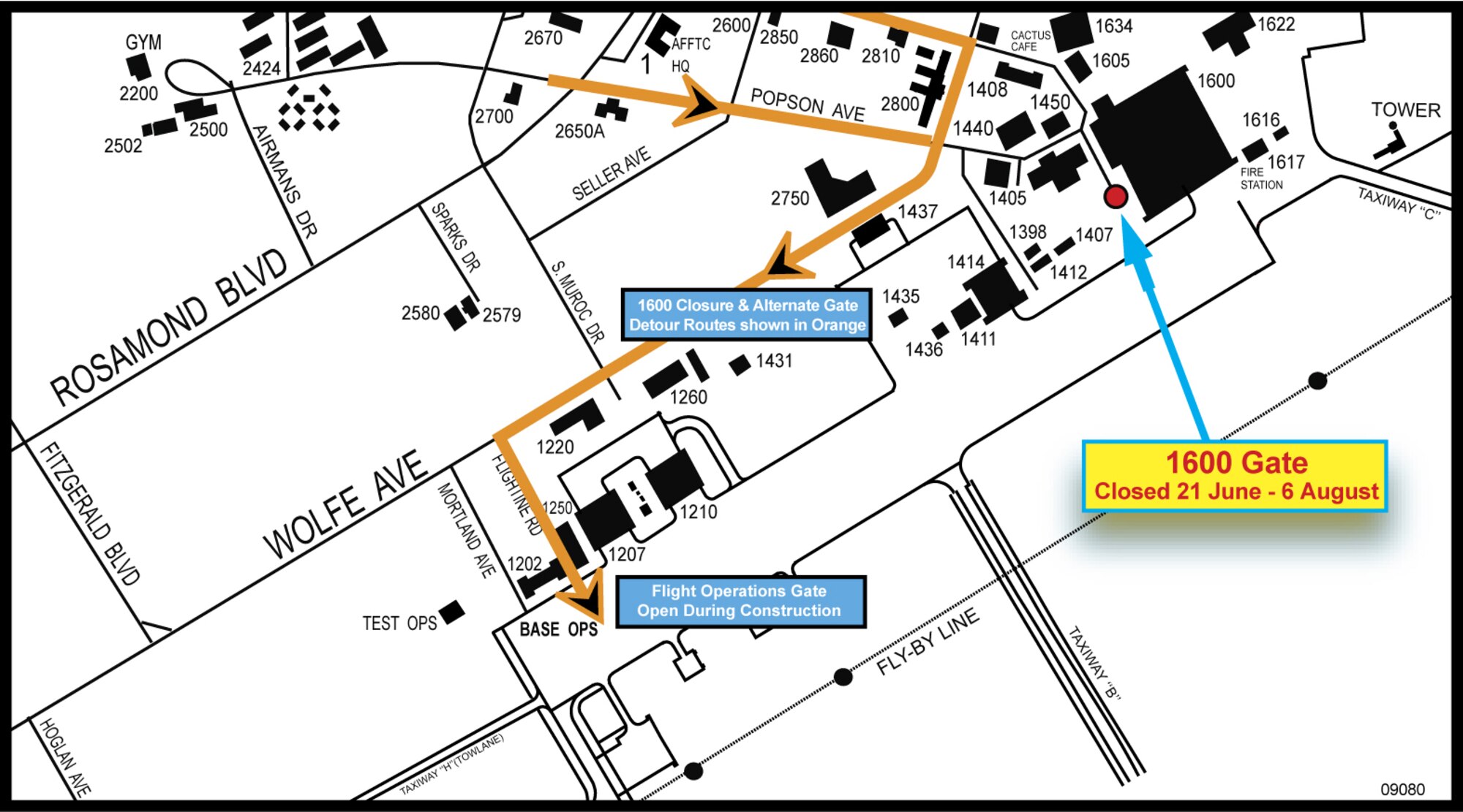 "1600 Gate" will be closed June 21 to Aug. 6.  Motorists are advised to use the gate near Base Operations to access the flightline.  (Air Force graphic by Dave Ekman)