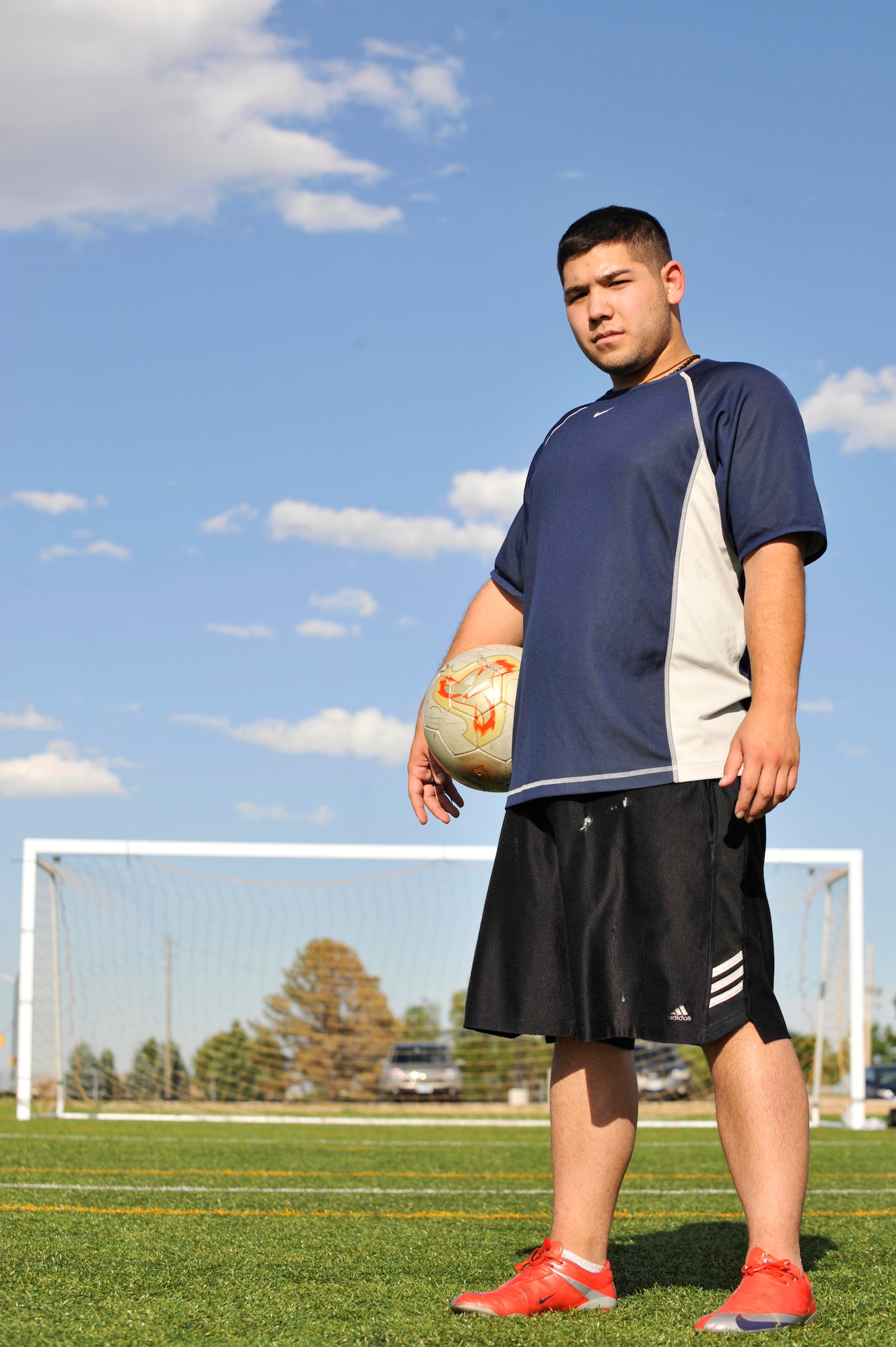 BUCKLEY AIR FORCE BASE, Colo. -- "I play soccer because it's fun and it gives me a good way to stay active," says Airman 1st Class Nolan Luna-Chavez, 460th Space Communications Squadron. Airman Luna-Chavez plays a middle field position for the 460th SCS soccer team. (U.S. Air Force photo by Airman 1st Class Paul Labbe)