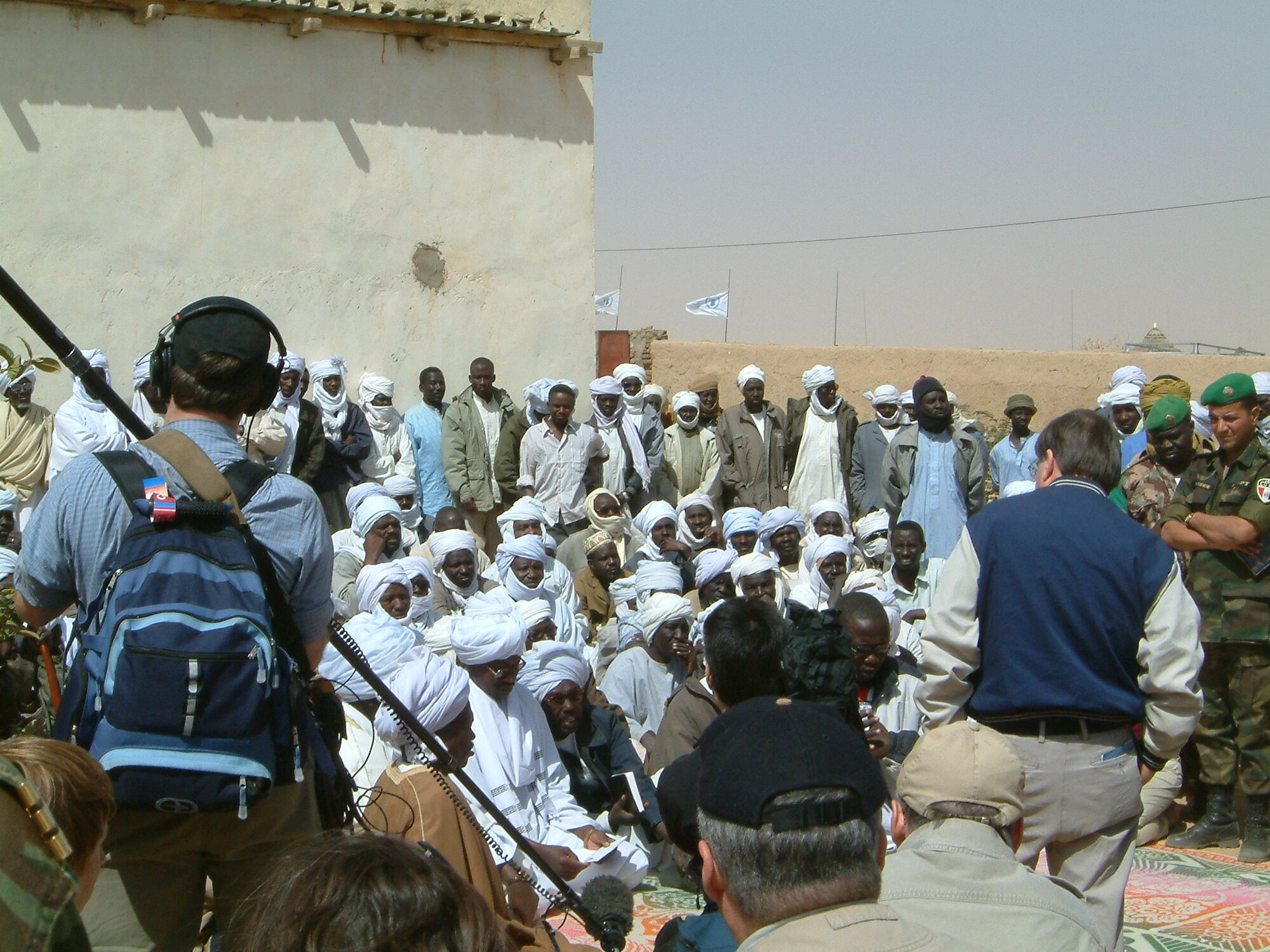 Rep. Ed Royce, speaking with Sudanese tribal leaders from the Darfur region of Sudan about their recent loss of land during a congressional delegation trip in January, 2005.  At the time of the trip, Mr. Royce served as the chairman of the House of International Relations Committee's Subcommittee on Africa.(Courtesy photo/Lt. Col. Vincent Buquicchio)
