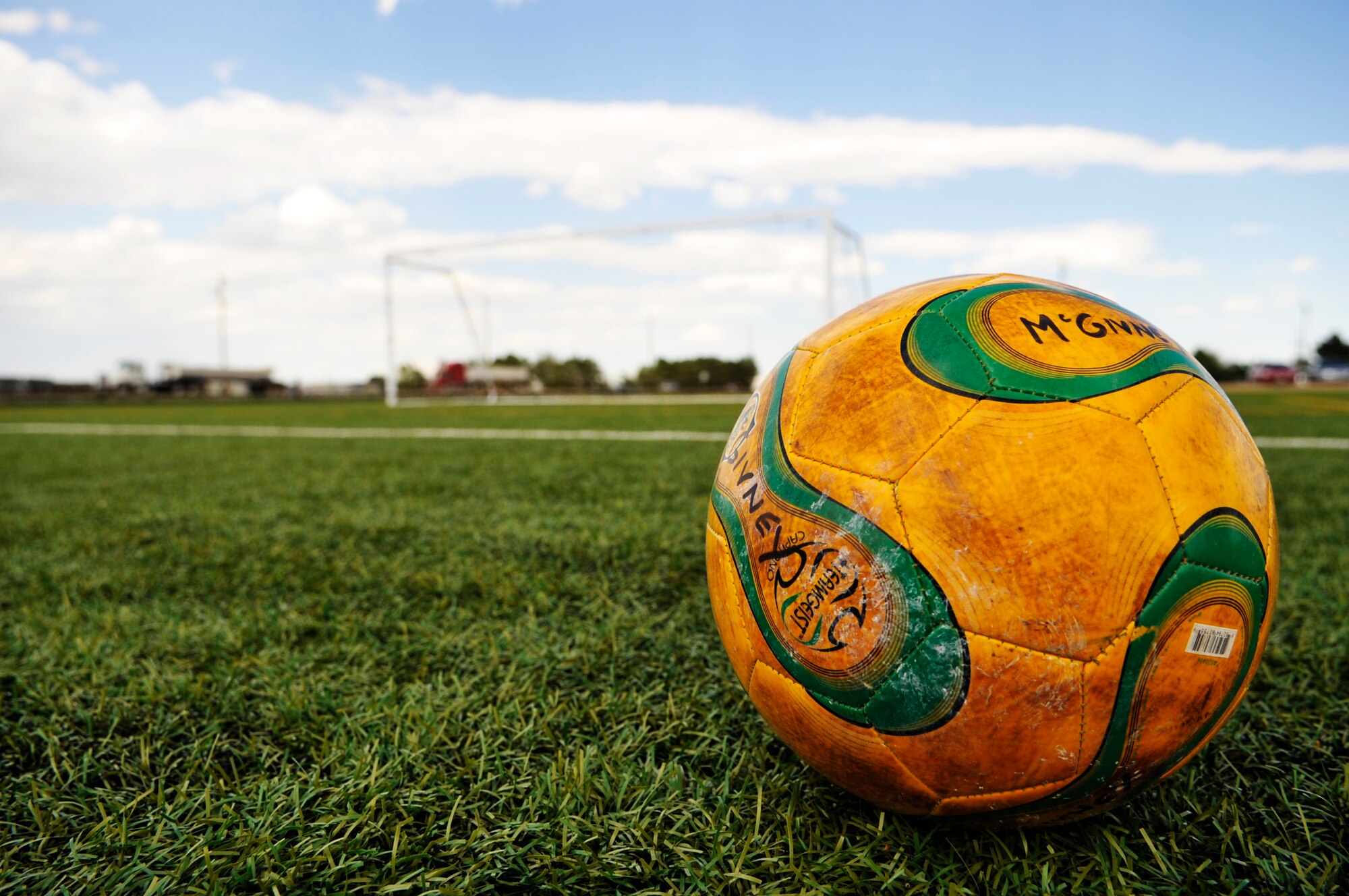 BUCKLEY AIR FORCE BASE, Colo. -- A ball sits on a soccer field before a practice scrimmage at Buckley Air Force Base. Teams from each squadron will compete in the upcoming season. (U.S. photo by Airman 1st Class Paul Labbe)