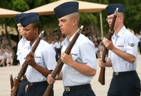 Airmen compete in the drill team competition between technical training students in the 344th Training Squadron and the 345th Training Squadron June 12. The competition gave Airmen an opportunity to show pride and build upon what they learned in Air Force Basic Military Training. (U.S. Air Force photo/Robbin Cresswell)