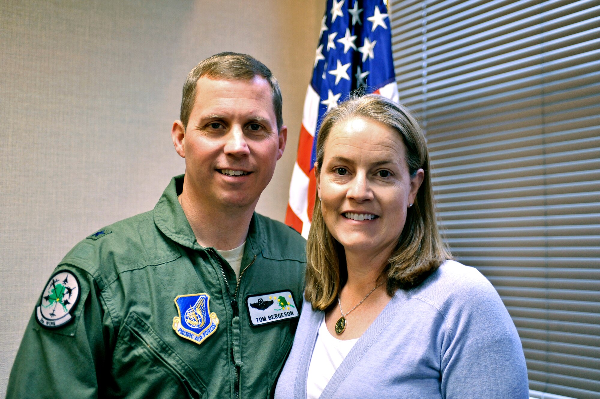 Brig. Gen. Thomas Bergeson and his wife, Lt. Col. Pam Bergeson, are the 2010 winners of the General and Mrs. Jerome F. O'Malley Award, which recognizes the best wing commander and spouse team whose contributions to the nation, Air Force and local community best exemplify the highest ideals and positive leadership of a military couple serving in a key Air Force position. General Bergeson is the 3rd Wing commander at Joint Base Elmendorf-Richardson, Alaska. Colonel Bergeson is the inspector general for the 477th Fighter Group stationed at JB Elmendorf. (U.S. Air Force photo/Airman 1st Class Christopher Gross)
