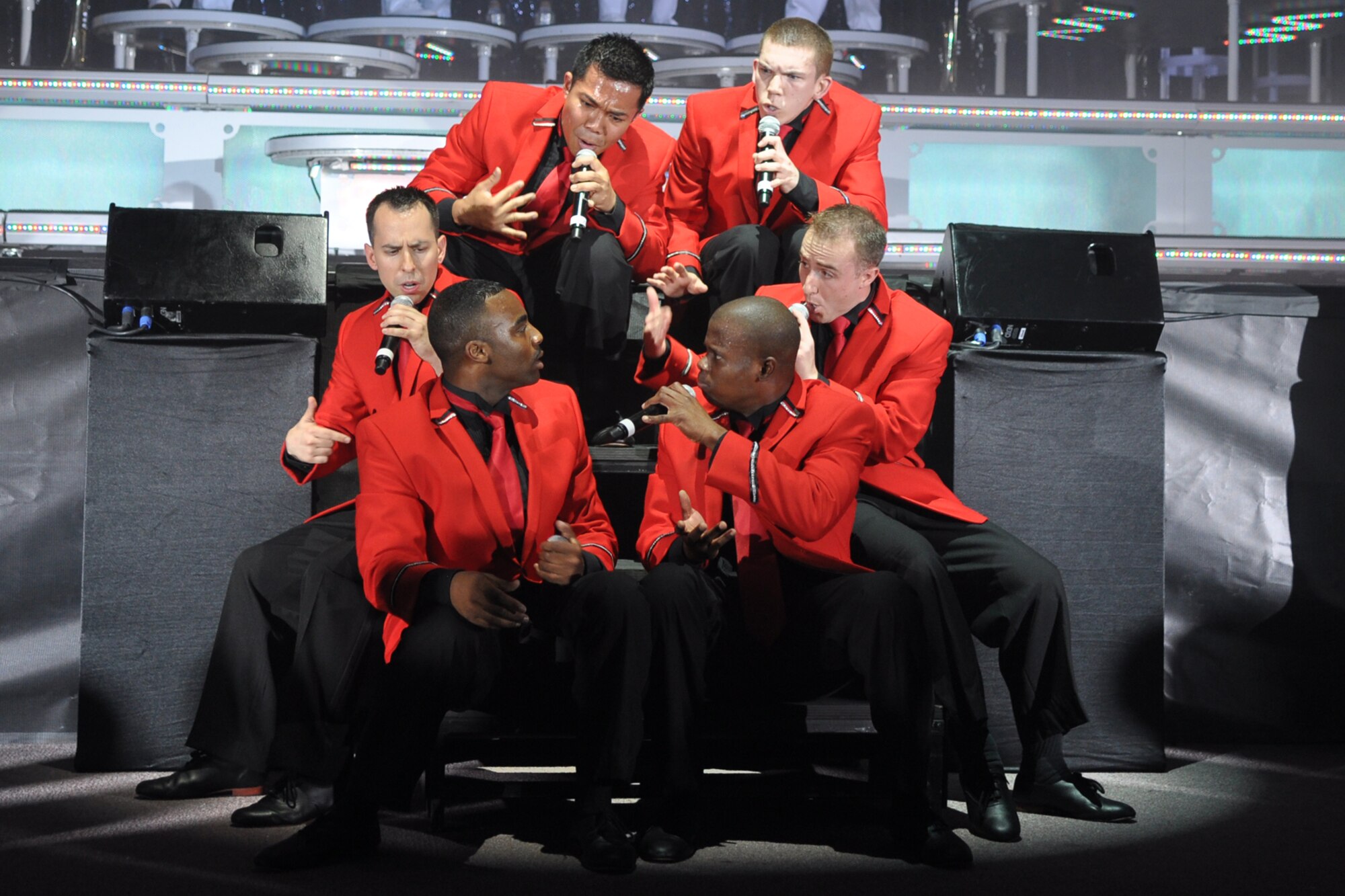 TOPS IN BLUE vocalists perform a musical skit during a free concert for an
appreciative crowd at Hoban Hall on Barksdale Air Force Base, La., June 15,
2010. TOPS IN BLUE is one of the oldest and most widely traveled
entertainment groups of its kind. It has a distinctive history, spanning 57
years. The 2010 tour, entitled "We Believe," is a salute to the ideas we
believe in as Americans. (U.S. Air Force photo/Tech. Sgt. Jeff Walston)
