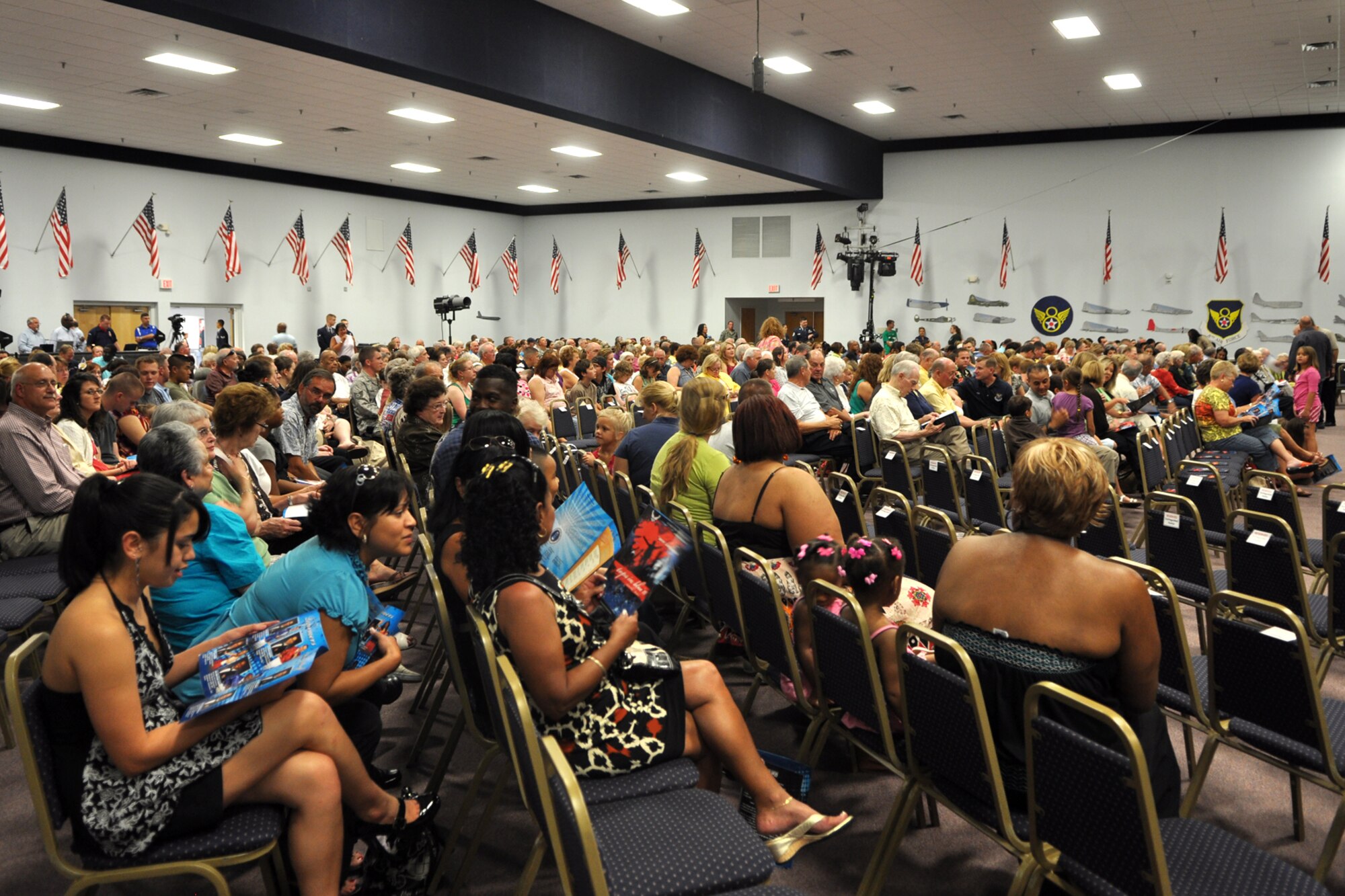 Audience members await the kick off of the TOPS IN BLUE concert at Hoban
Hall on Barksdale Air Force Base, La., June 15, 2010. TOPS IN BLUE is one of
the oldest and most widely traveled entertainment groups of its kind. It has
a distinctive history, spanning 57 years. The 2010 tour, entitled "We
Believe," is a salute to the ideas we believe in as Americans. (U.S. Air
Force photo/Tech. Sgt. Jeff Walston)

