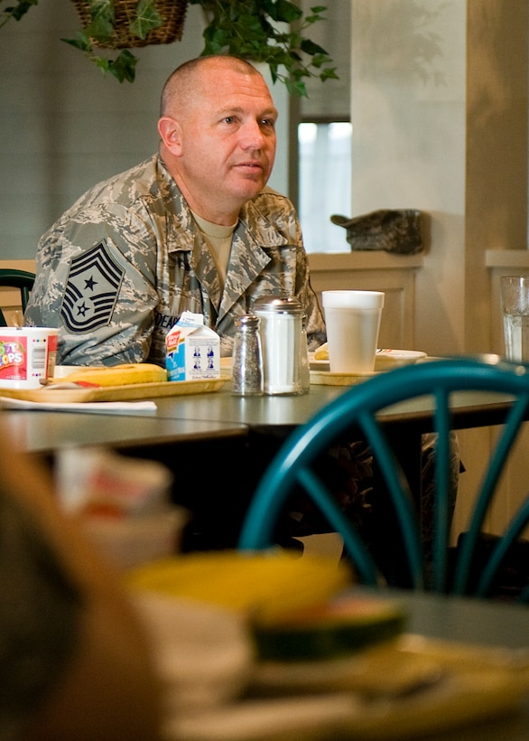 LANGLEY AIR FORCE BASE, Va. -- Chief Master Sgt. Scott Dearduff, 9th Air Force command chief, listens to a question posed by an Airman June 17.  Dearduff took time to visit Langley and talk with its Airmen.  (U.S. Air Force photo/Senior Airman Zachary Wolf)