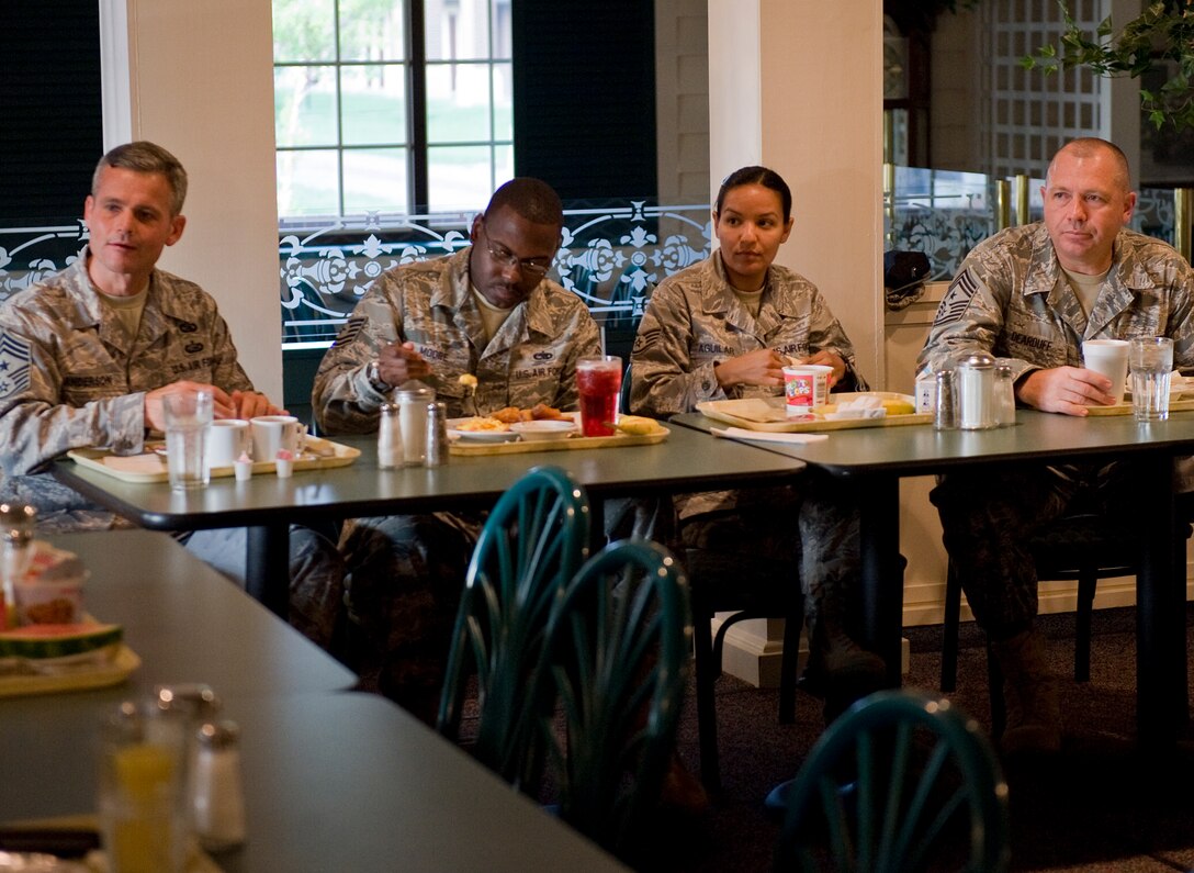 LANGLEY AIR FORCE BASE, Va. -- Chief Master Sgt. Scott Dearduff, 9th Air Force command chief, listens to a question posed by an Airman June 17.  Dearduff took time to visit Langley and talk with its Airmen.  (U.S. Air Force photo/Senior Airman Zachary Wolf)