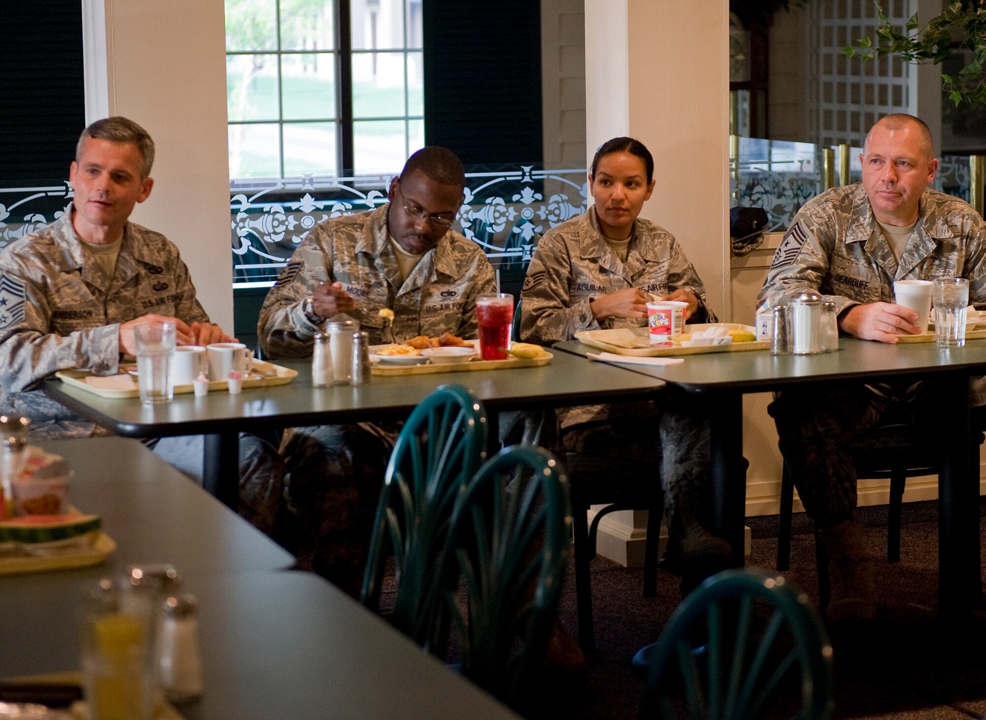 LANGLEY AIR FORCE BASE, Va. -- Chief Master Sgt. Scott Dearduff, 9th Air Force command chief, listens to a question posed by an Airman June 17.  Dearduff took time to visit Langley and talk with its Airmen.  (U.S. Air Force photo/Senior Airman Zachary Wolf)