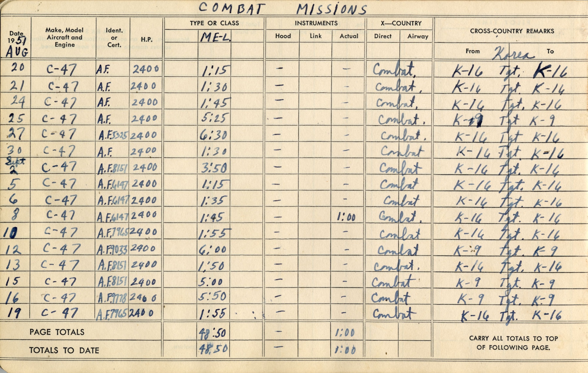 The first pages from 1st Lt. James Pragar’s combat flight log. The dates include his six-hour Distinguished Flying Cross mission on Sept. 12, 1951. The far right column lists the purpose of each mission. (U.S. Air Force photo)