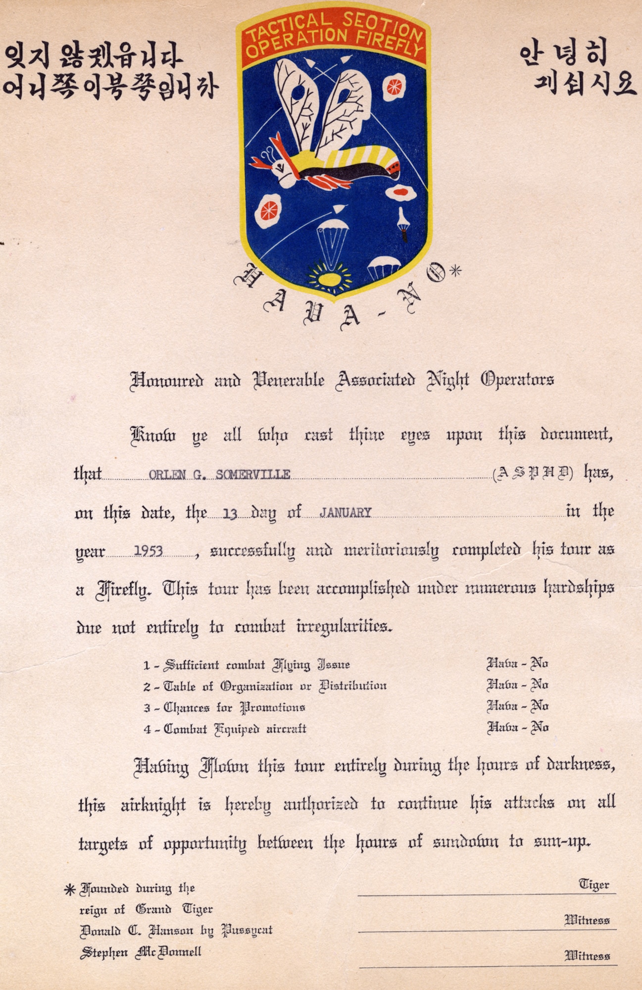 Humorous “award” given to Orlen Somerville from the “Honoured and Venerable Associated Night Operators” or “HAVA-NO” for his OPERATION FIREFLY flare-dropping missions. (U.S. Air Force photo)