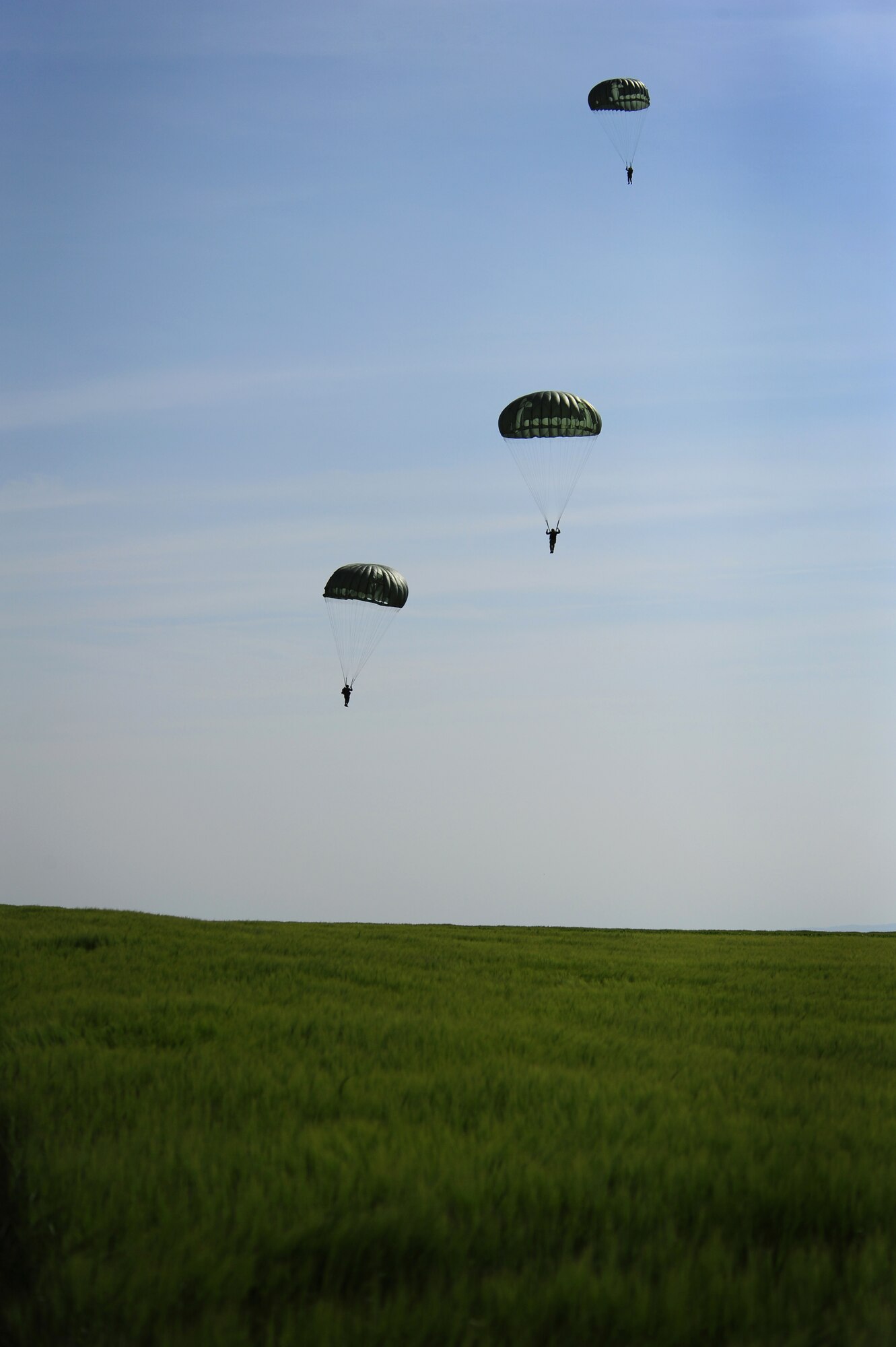 Paratroopers land at drop zone, Alzey, Germany, June 16, 2010.  This airborne jump is part of what is officially known as NATO Jump Week and is the first time a NATO jump is conducted from a C-17. Five NATO countries participated in this annual event to support one of United States Air Forces in Europe's top priorities; building partnership. (U.S. Air Force photo by Staff Sgt. Jocelyn Rich)