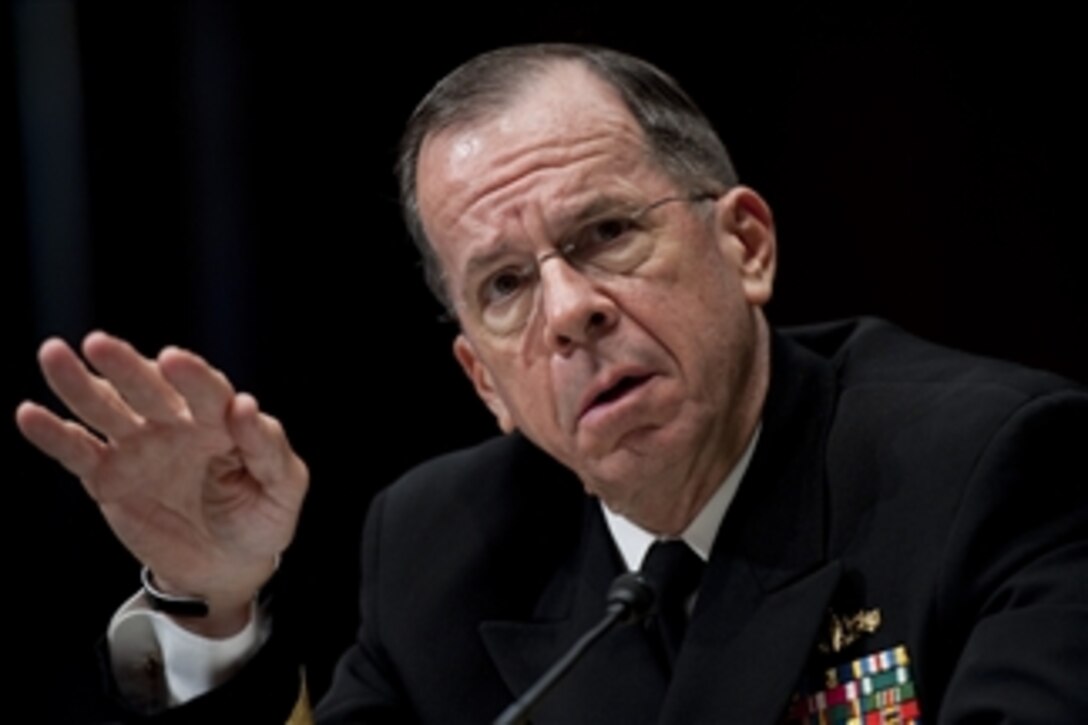 Chairman of the Joint Chiefs of Staff Adm. Mike Mullen testifies at a hearing of the Senate Armed Services Committee on the new Strategic Arms Reduction Treaty and implications for national security programs at Dirksen Senate Office Building in Washington, D.C., on June 17, 2010.  Mullen was joined at the hearing by Secretary of State Hillary Rodham Clinton, Secretary of Defense Robert M. Gates and Secretary of Energy Steven Chu in testimony on the new US-Russia nuclear arms treaty.  