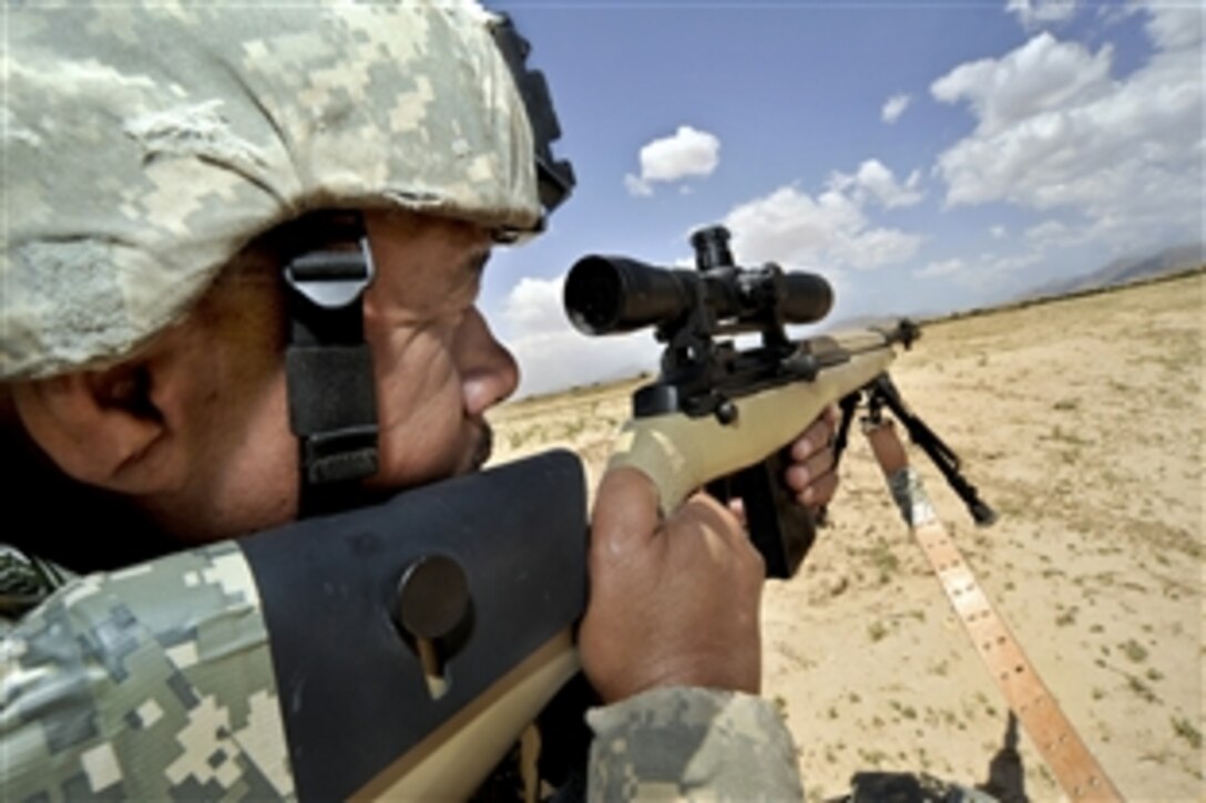 U.S. Army Sgt. 1st Class Vili Schwenke looks through the scope on his rifle while providing security during the recovery of a vehicle in Ghazni province, Afghanistan, June 11, 2010. Schwenke, a member of the security forces unit, is assigned to the Ghazni Provincial Reconstruction Team.