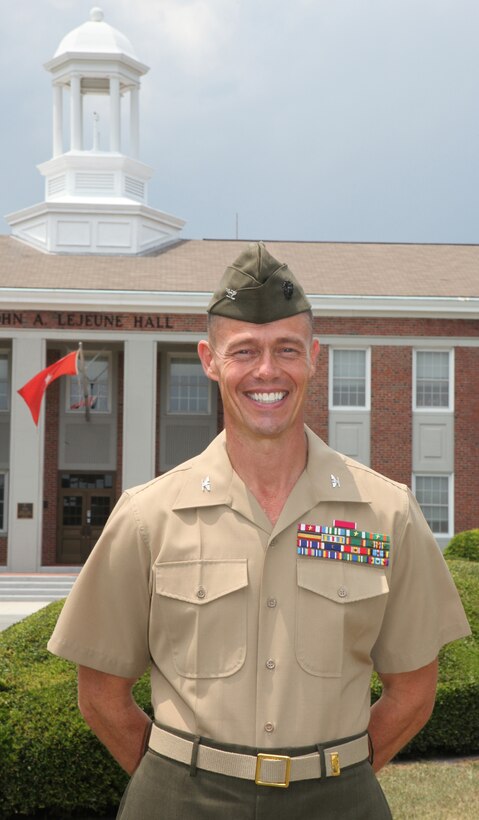 Col. Richard P. Flatau Jr., commanding officer of Marine Corps Base Camp Lejeune, stands in front of John A. Lejeune Hall aboard the base, recently.  Flatau is preparing to relinquish command of the base and retire from the Marine Corps after 27 years of active-duty service.